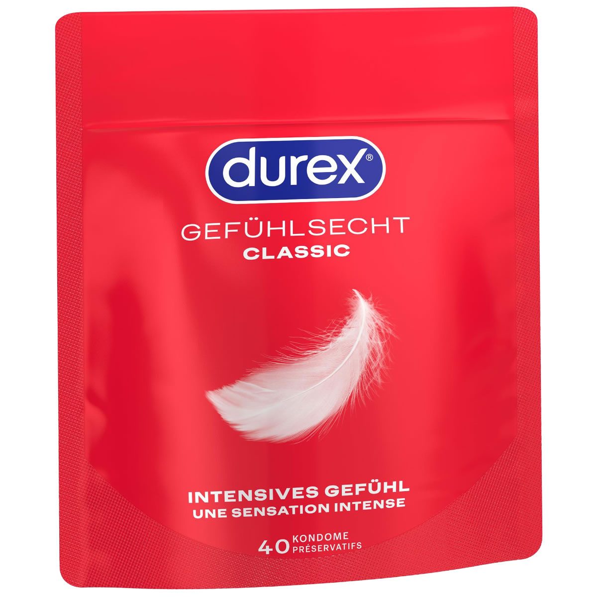 durex Kondome Gefühlsecht Classic Packung mit, 40 St., Transparent-Kondome, hauchzarte Markenkondome mit Easy-On™-Passform