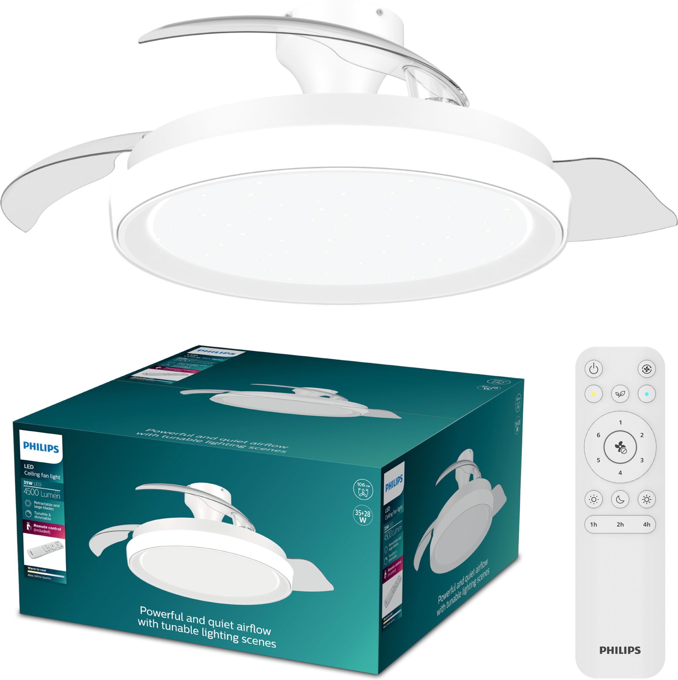 Philips LED Deckenleuchte Bliss 35W DC-Ventilator 28W, einziehbare Rotorblätter, Glitzeroptik, CCT - über Fernbedienung, Dimmer, Dimmfunktion, Ein-/Ausschalter, Farbsteuerung, Fernbedienung, Infrarot inkl., Memoryfunktion, Ventilatorfunktion, dimmbar über
