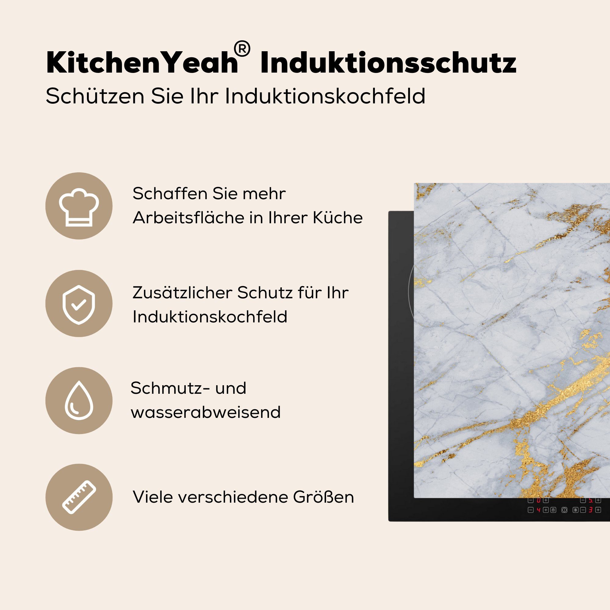 78x78 tlg), cm, für Vinyl, - Marmor küche Gold, Grau (1 Herdblende-/Abdeckplatte Arbeitsplatte MuchoWow - Ceranfeldabdeckung,