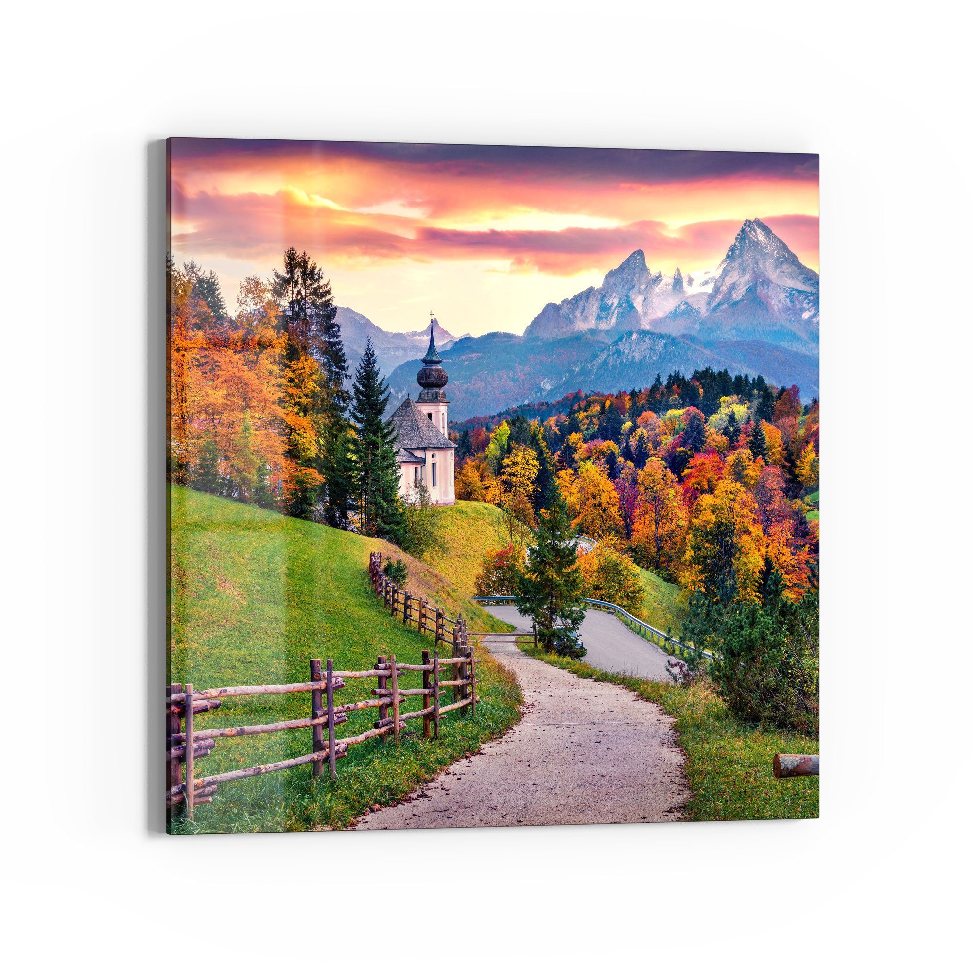 DEQORI Glasbild 'Maria Gern mit Watzmann', 'Maria Gern mit Watzmann', Glas Wandbild Bild schwebend modern