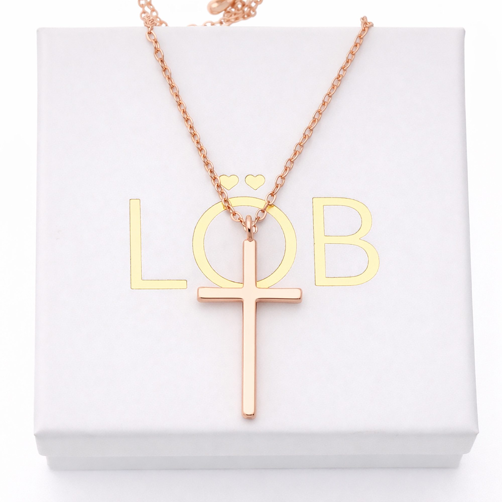 LÖB Kette mit Anhänger 18K Roségold vergoldet Kette Kreuz Anhänger Kreuzanhänger Kreuzkette (Geschenke für Frauen Damen Beste Freundin Mutter Mama Ehefrau Oma sie zum Geburtstag Schmuck Sommer, Inkl. Schmuckbox), Halskette Schlicht Kommunion Poliert Rotgold Rosé Gold Damen Herren