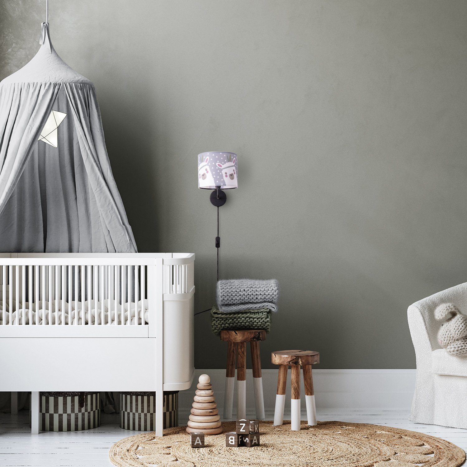 Paco Home Wandleuchte Ela 214, ohne Leuchtmittel, Kinderlampe Wandlampe Mit Schalter Ø 18cm Lama Rosa Grau Kabel 3m E14