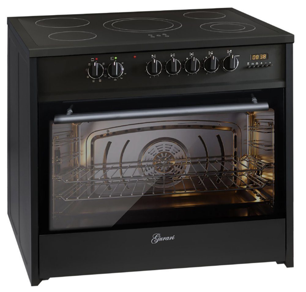 GURARI Elektro-Standherd GCH GCH E-912 BL 90 cm Glaskeramik, Kochfeld, Elektro Backofen, mit 1-fach-Teleskopauszug, Easy Clean, Range Cooker 90 cm Schwarz Elektro XXL Backofen 121 L