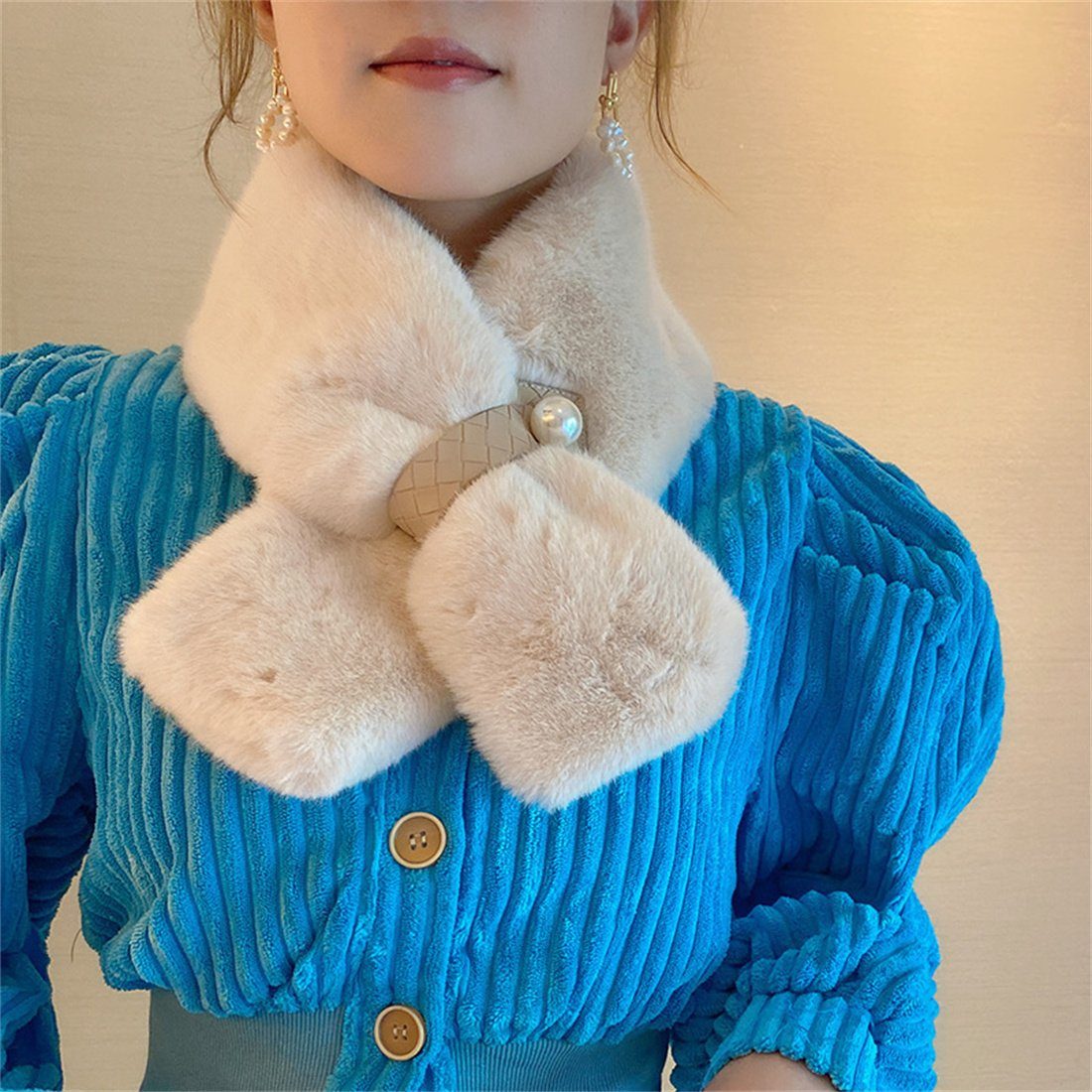 Schal Faux Beige Pearl DÖRÖY Cross Modeschal Fur Women's Winter Schal, Plüsch Thickened Warm