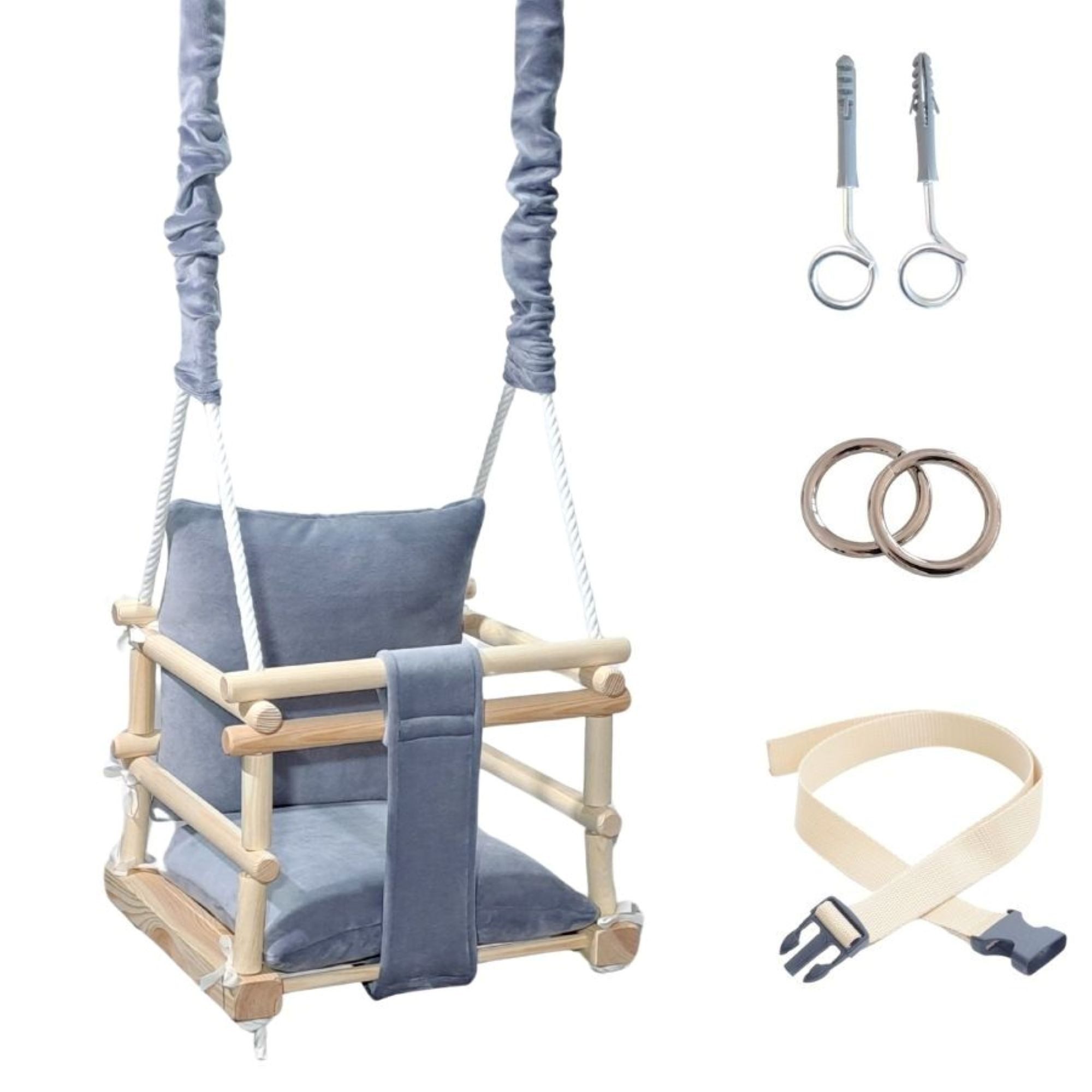 LuMali Babyschaukel Babyschaukel 3in1 Holz Sicherheitsgurt drinnen draußen 34x34x28cm, Kinderschaukel Naturholz Kiefer weich verstellbar 6-36 Monate