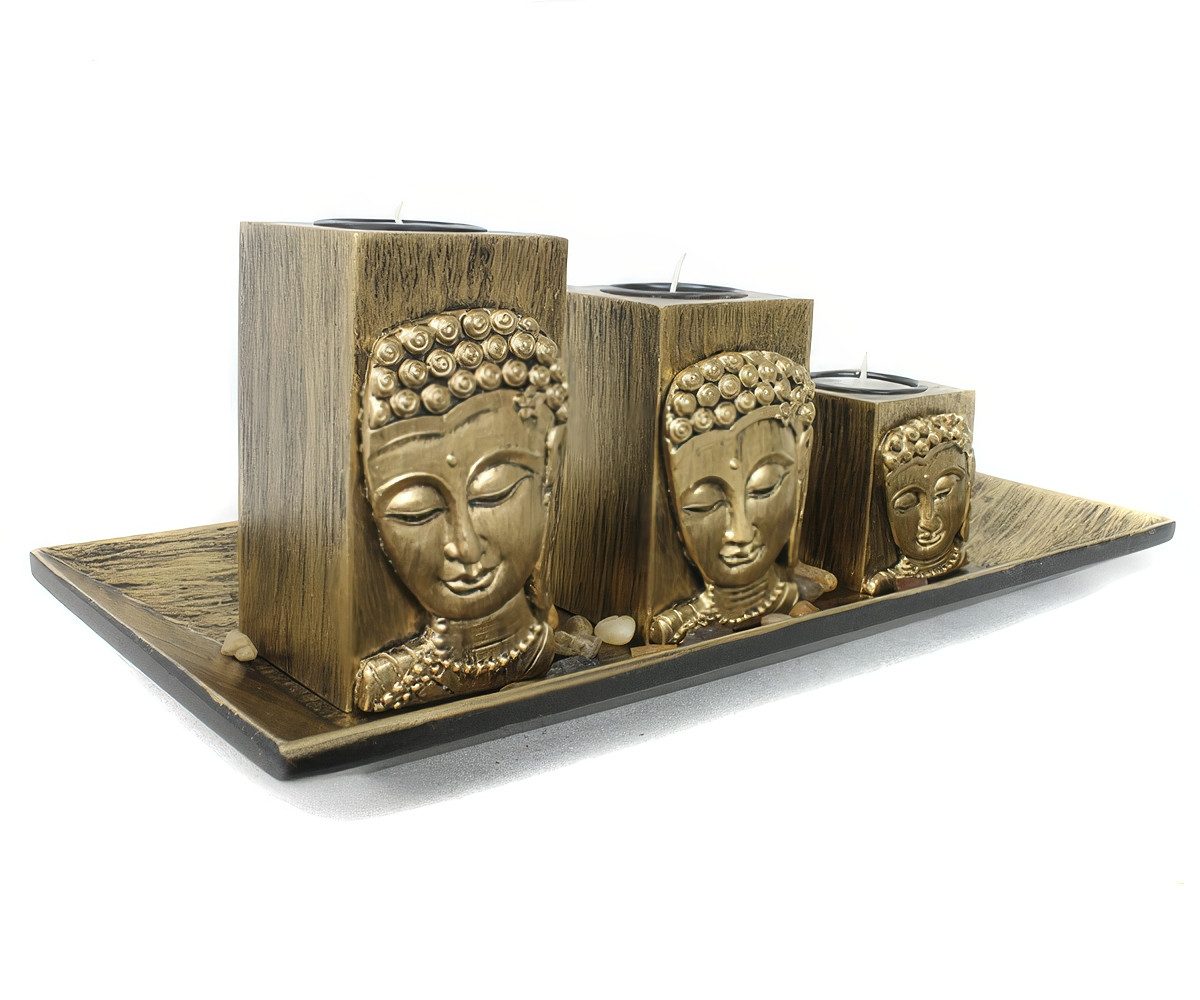 Yudu Dekofigur 3er Deko-Teelichthalter Fengshui mit Buddhakopf 3D Effekt Nr: FH10