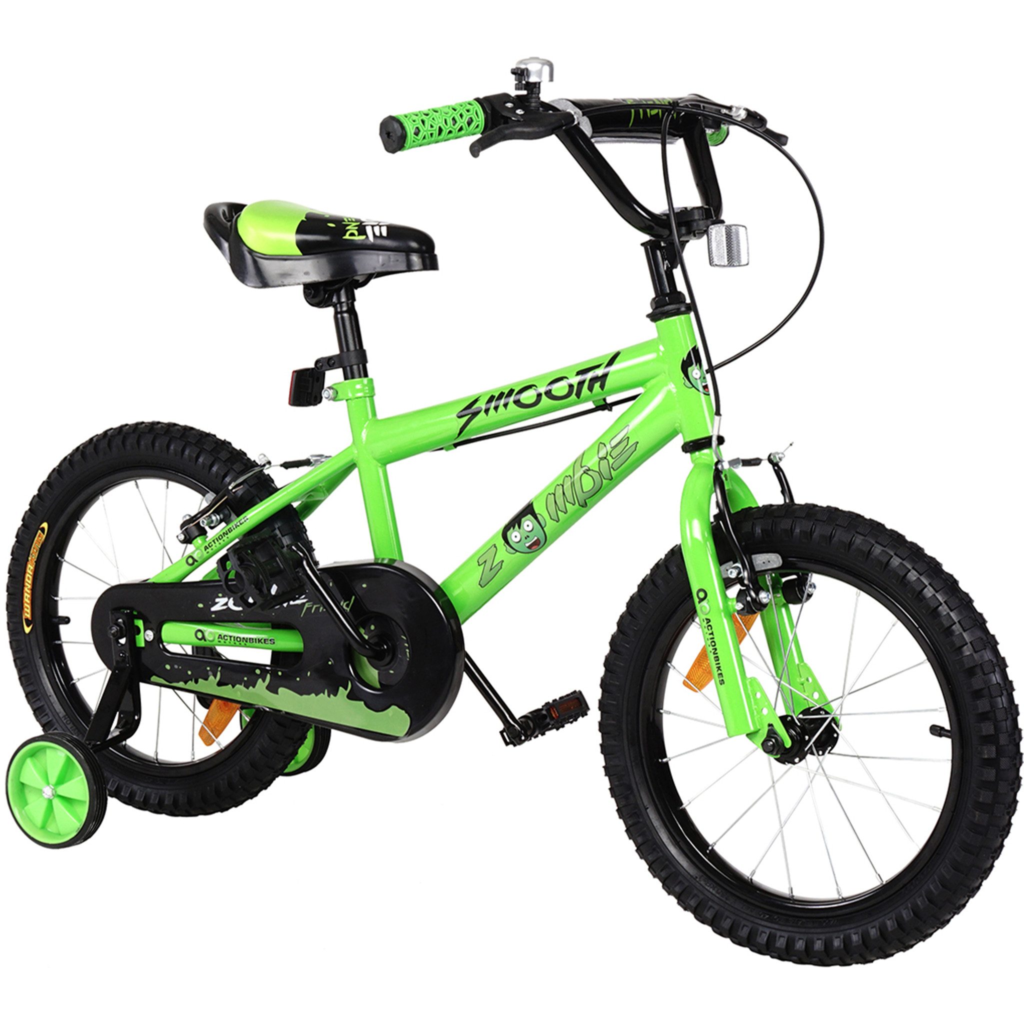 Actionbikes Motors Kinderfahrrad Mädchen & Jungen Kinder Fahrrad Zombie in Grün, 1 Gang, ohne Schaltung, (16 Zoll, ab 105 cm Körpergröße, max. Zuladung 40 kg, Stützräder, Reflektoren, Antirutschgriffe, Kettenschutz, 1-tlg., V-Brake-Bremsen, Luftbereifung, Haltegriff am Sattel), höhenverstellbares Bike Jungen Mädchen Rad Kinderrad ab 4 Jahre