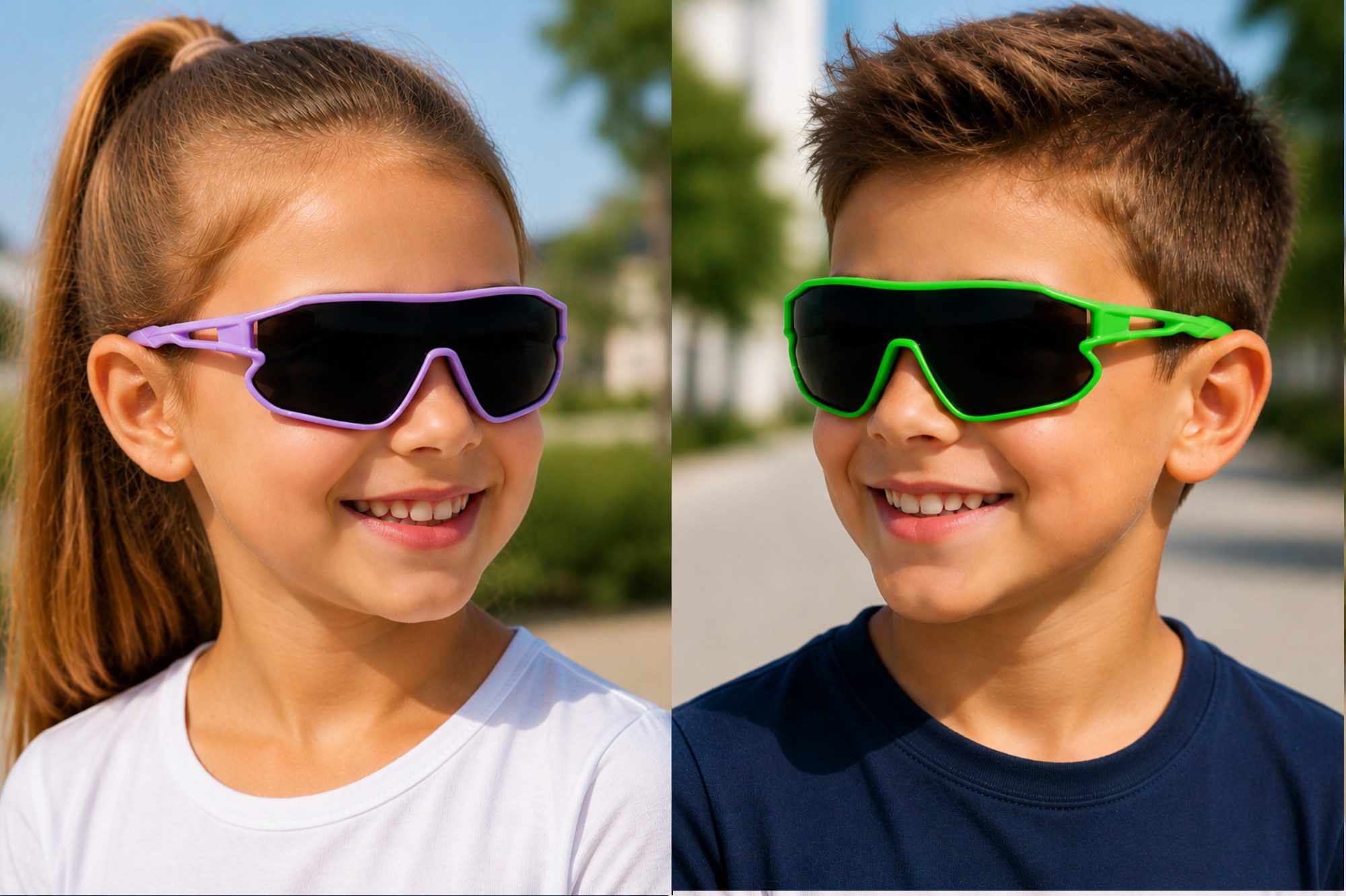 Vaccari-design Sonnenbrille Kinder Radbrille 7 bis 13 Jahre Jungen Mädchen Sportbrille UV400 Markenbrille Grün oder Lila mit Brillenbeutel