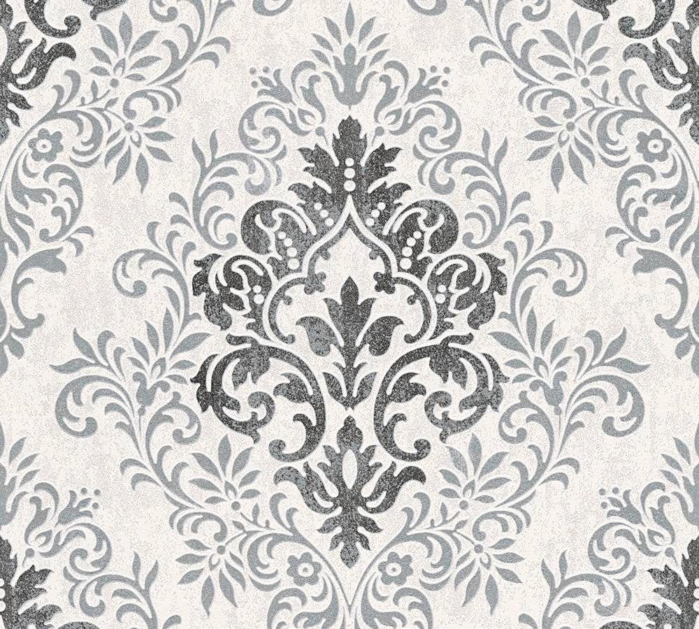 living walls Vliestapete Tapete mit gemustert, glänzend, grau floral, (1 strukturiert, barock, metallic, Klassik St), ornamental, matt, Metallic Tapete Ornamenten
