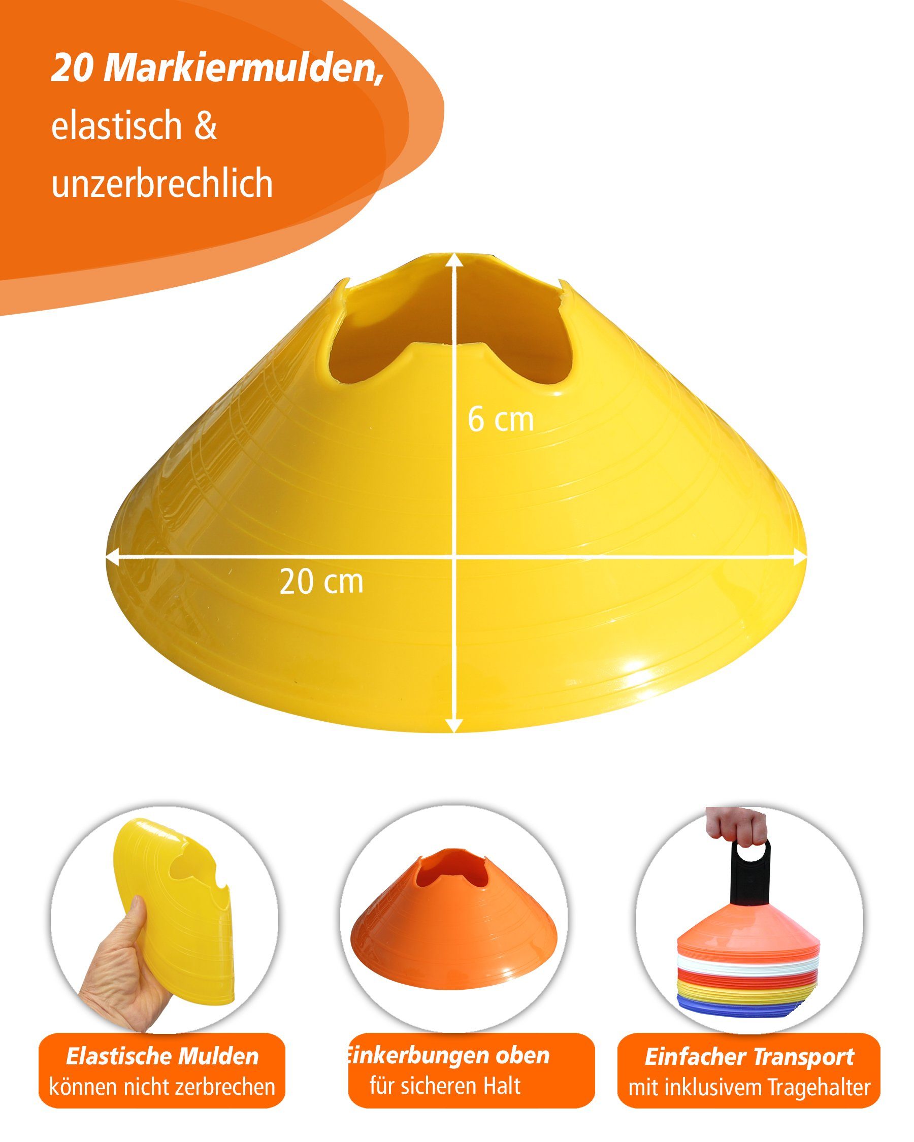 SPORTIKEL24 Zielmarkierung 20 Markiermulden mit Tragehalter Farbe Gelb