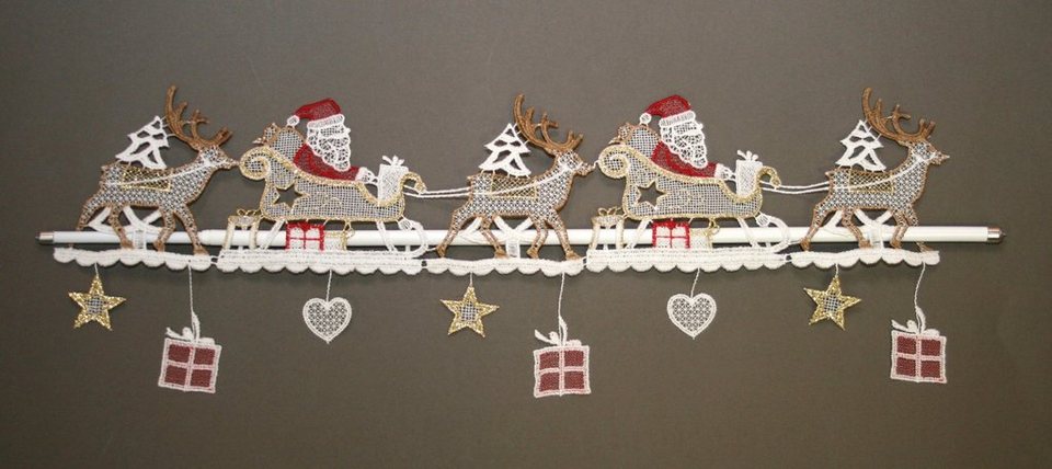 Scheibengardine Weihnachtsmann, Stickereien Plauen, Stangendurchzug (1 St),  halbtransparent, Fensterdekoration \