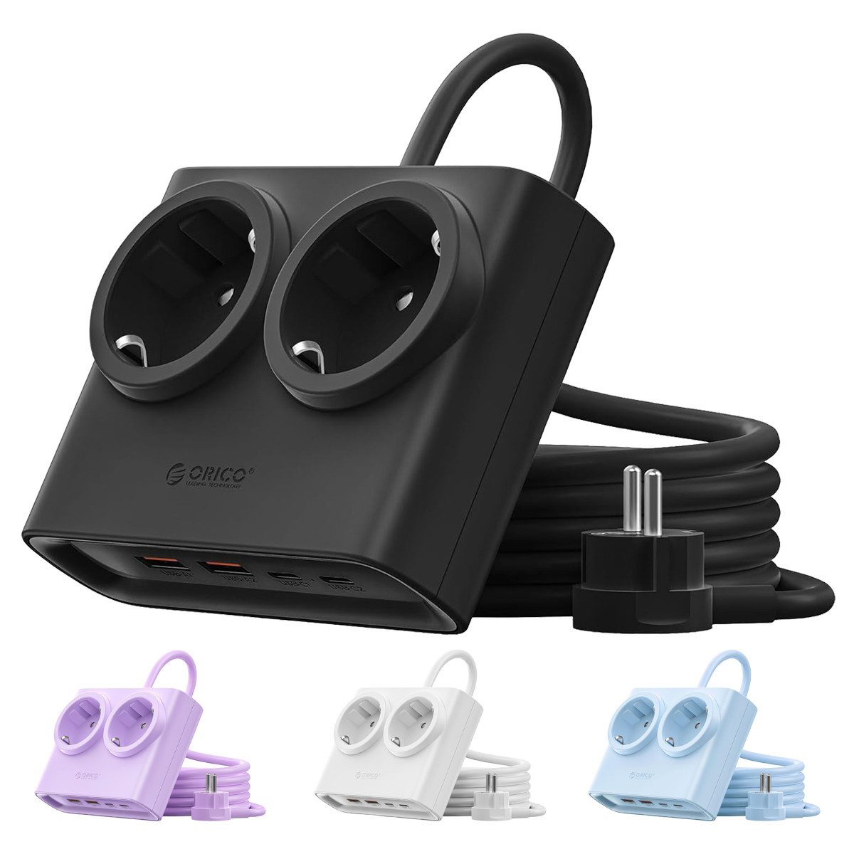 ORICO Steckdose 25W GaN Mehrfachsteckdose 6-in-1 Steckdosenleiste,2AC+4USB (2USB-CPD), flacher 1,3 cm Stecke, 1-St., 1,6 m Kabel, 2500 W., für Haushalt & Büro