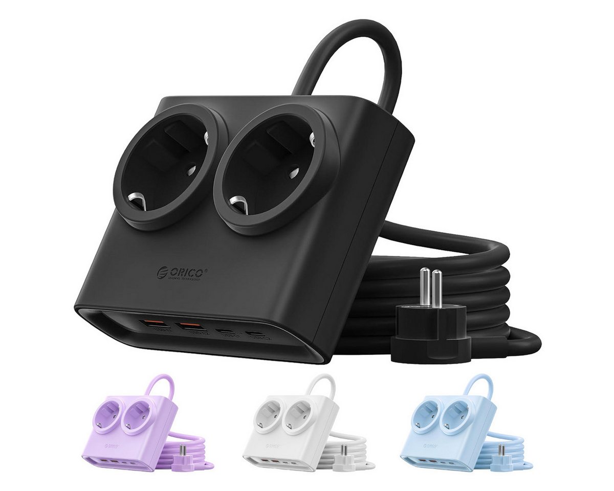 ORICO Steckdose 15W/25W GaN Mehrfachsteckdose 6-in-1 Steckdosenleiste,2AC+2USB+2CPD, acher 1,3 cm Stecke, 1-St., 1,6 m Kabel, 2500 W., für Haushalt & Büro