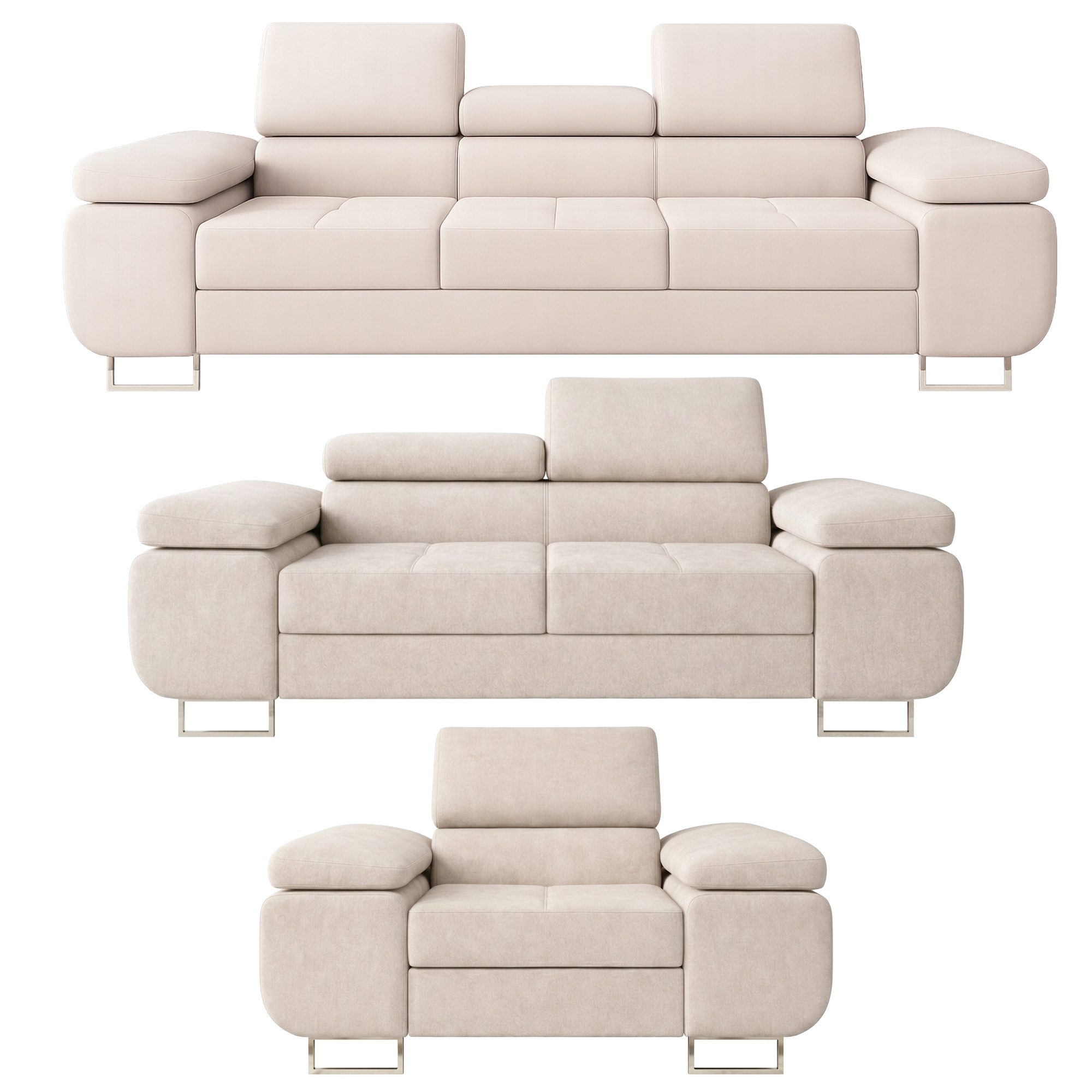 M-Punkt24 Polstergarnitur Sofa Wohnlandschaft DUBAI, (3-2-1, mit Bettfunktion, XL Sofa-Set, Bigsofa, Samt, Creme), Bestehend aus 3-Sitzer mit Bettfunktion, 2-Sitzer, Sessel