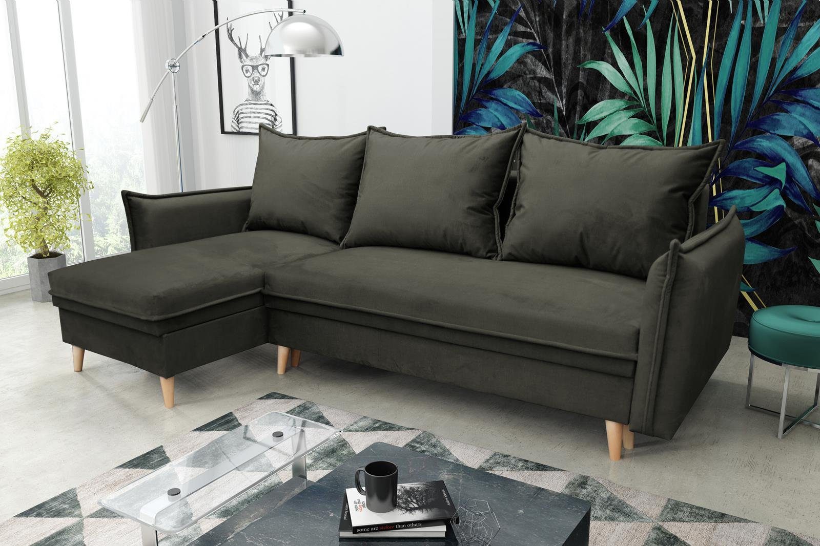 Ecksofa Eckcouch skandinavisches Velors, Khaki-grau mit mane,aus Pillow, Polsterecke Ecke 15) und Stil, Schlaffunktion universelle Bettkasten Beautysofa mit im (kronos