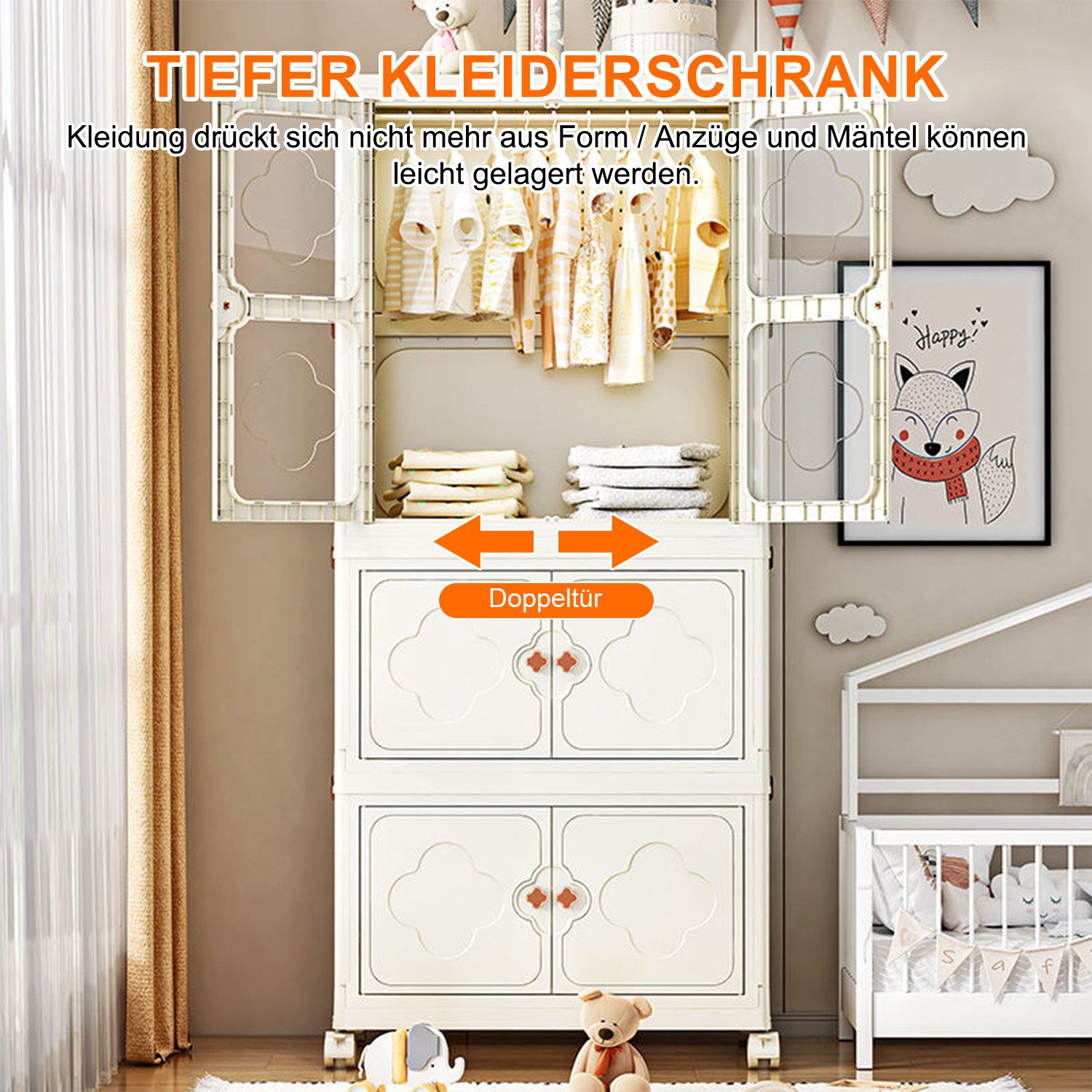 Seven Comfort Mehrzweckschrank Kunststoff, Kleiderschrank Faltbarer, mit 10 Kleiderbügeln, Mehrschichtig, mit Rollen – Bild 4 von 5