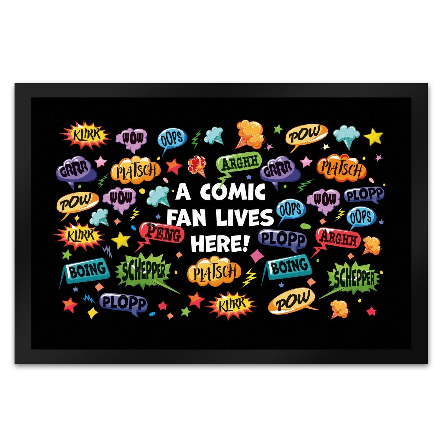 Fußmatte Comic Fußmatte XL in 40x60 cm mit Spruch: Klirr pow peng plopp oops