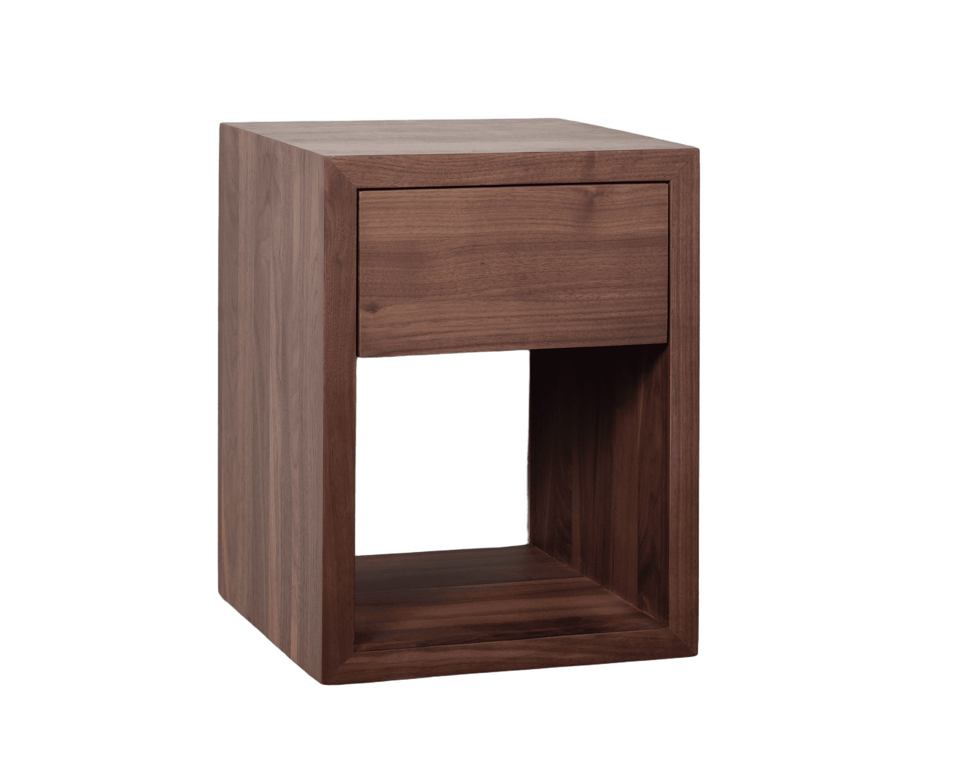 Woodek Design Nachttisch HUGO, griffloser Beistelltisch mit Schublade, H 39 x B 30 x T 30 cm (Beistelltisch aus matt lackiertem Walnussholz, 1-St., schwebendes Wandregal), kompakter Nachtschrank mit Ablage