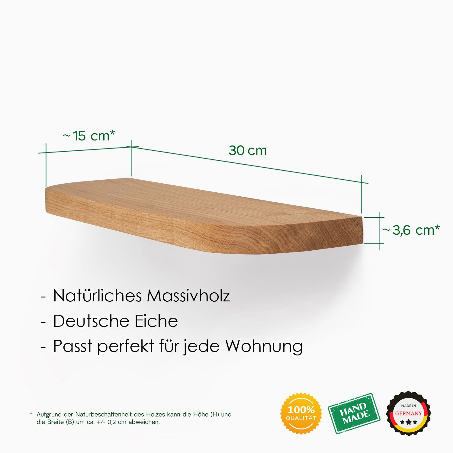 massiv - Ecken Rikmani Handgefertigtes Hell Eiche MARI Regal Holz II mit runden Wandregal