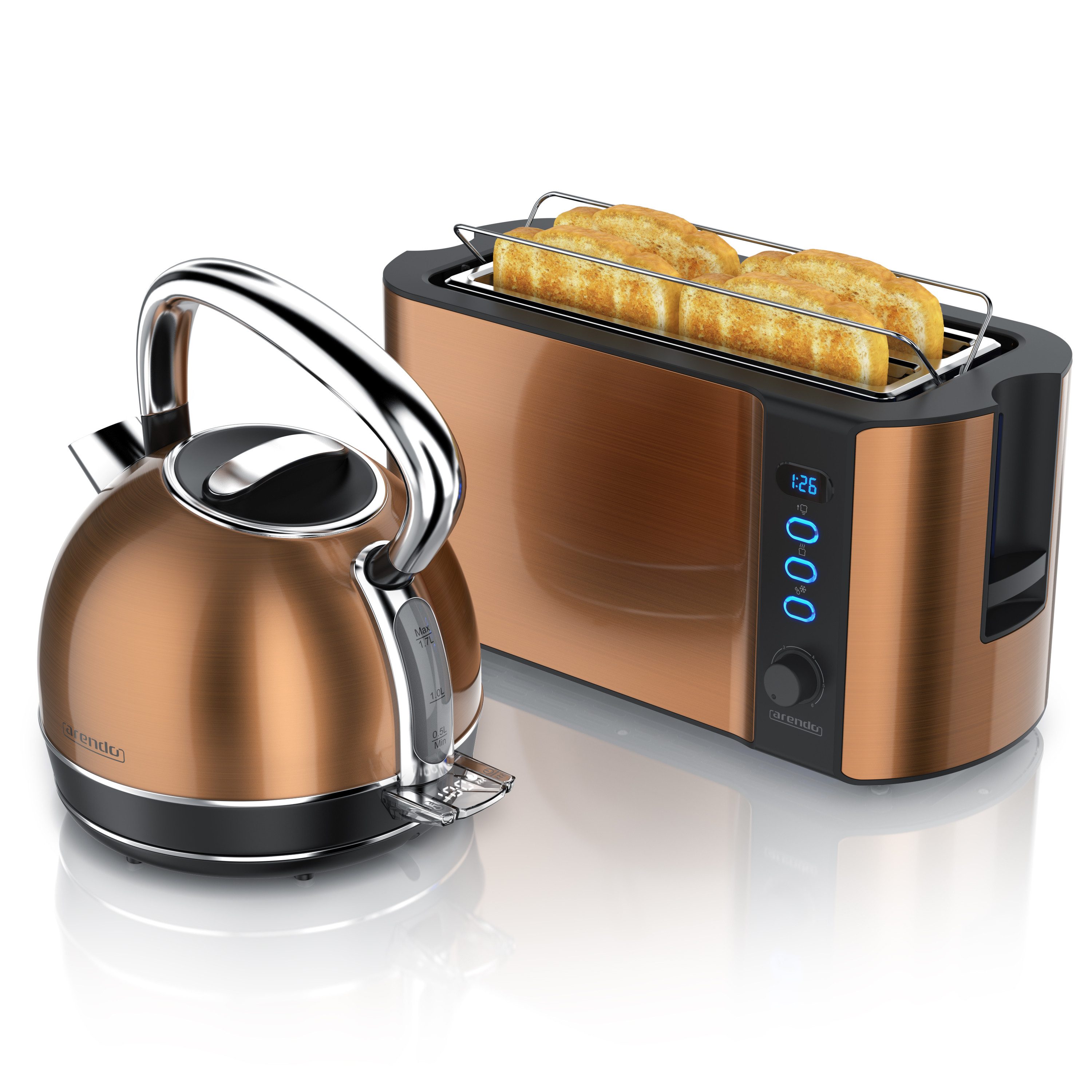 Arendo Frühstücks-Set Edelstahl Wasserkocher 1,7l, 4-Scheiben Langschlitz Toaster, kupfer (2-tlg), Vintage Wasserkocher Temperatureinstellung, Toaster Brötchenaufsatz