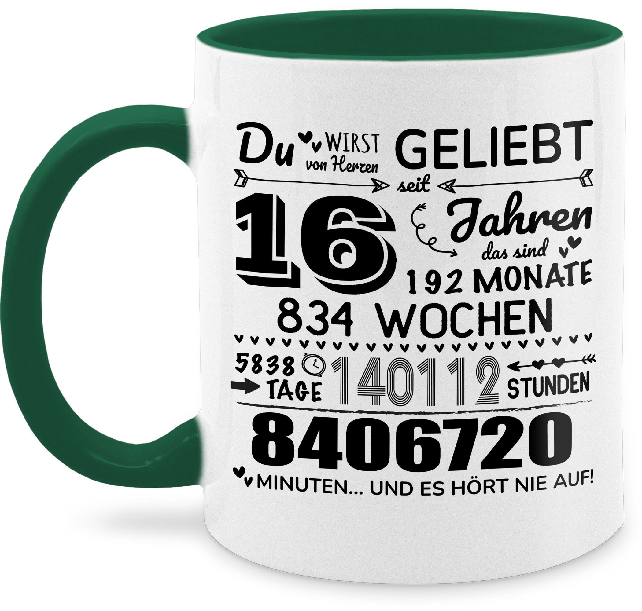 Shirtracer Tasse 16 Jahre - Du wirst von Herzen geliebt, 16. Geburtstag, 16 Jahre Geb, Keramik, 16. Geburtstag Tasse
