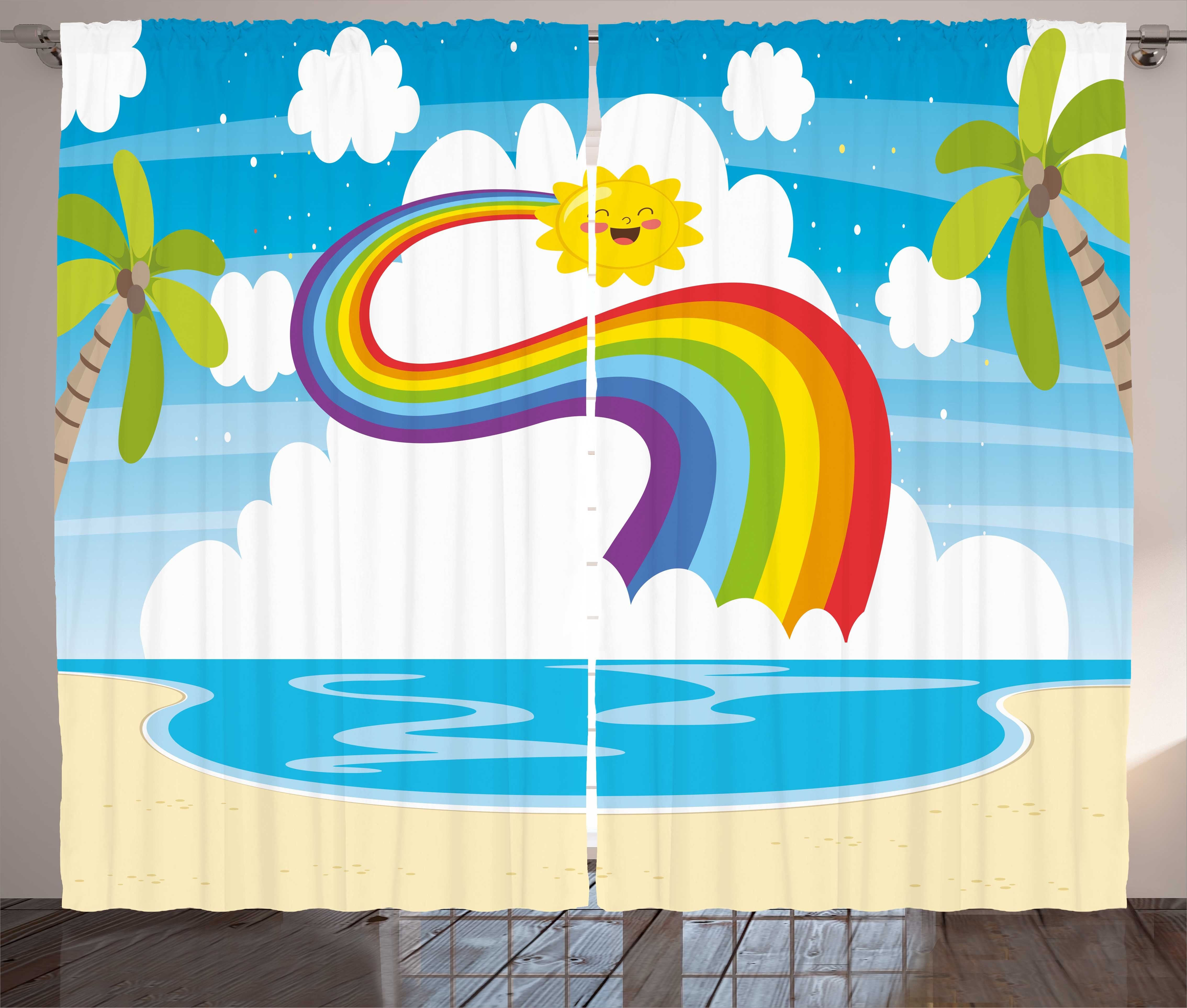 Gardine Schlafzimmer Kräuselband Vorhang mit Schlaufen und Haken, Abakuhaus, Regenbogen Cartoon Sun Holiday