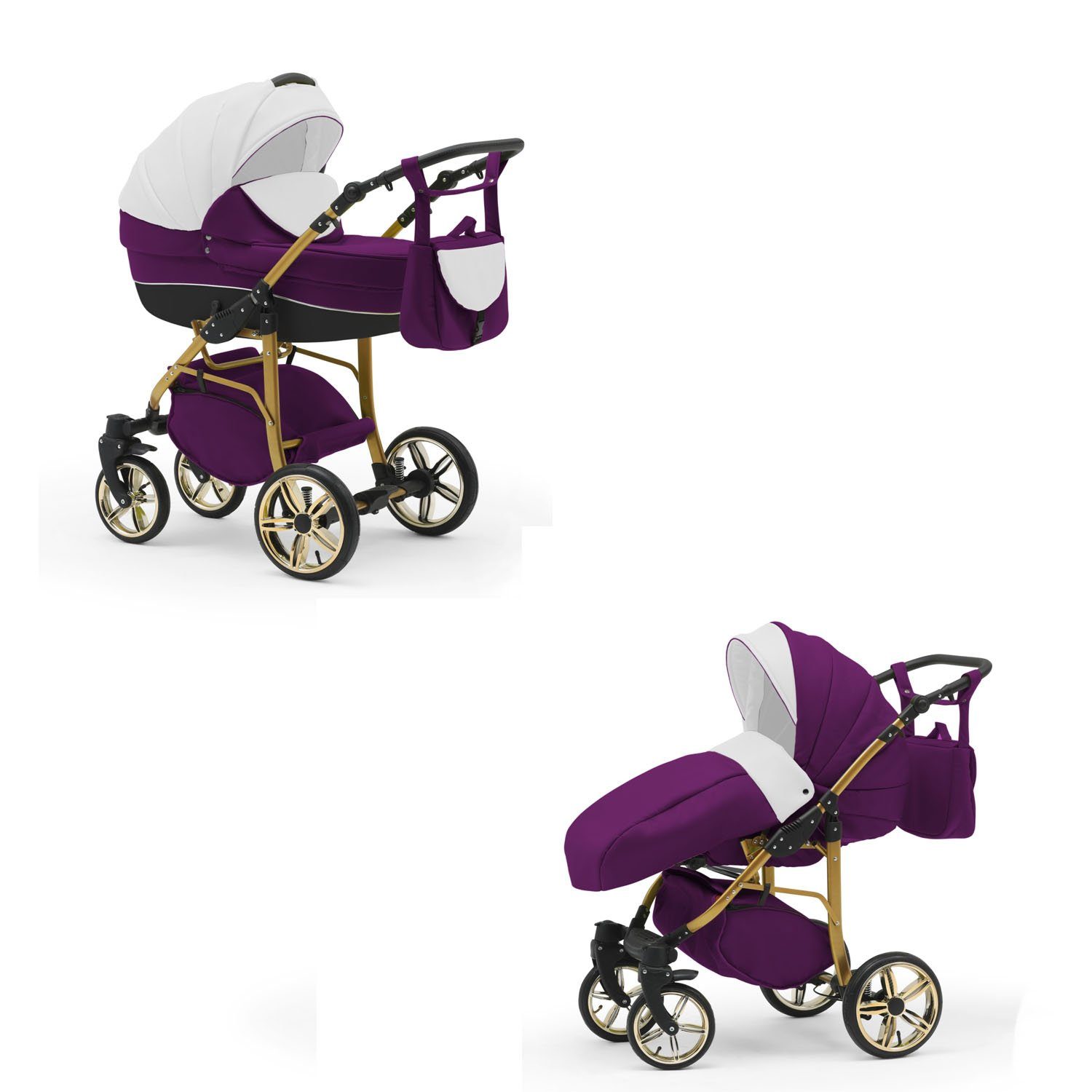 Farben - 2 Cosmo - Weiß-Lila-Schwarz Kinderwagen-Set 46 13 Teile 1 in in Gold babies-on-wheels Kombi-Kinderwagen