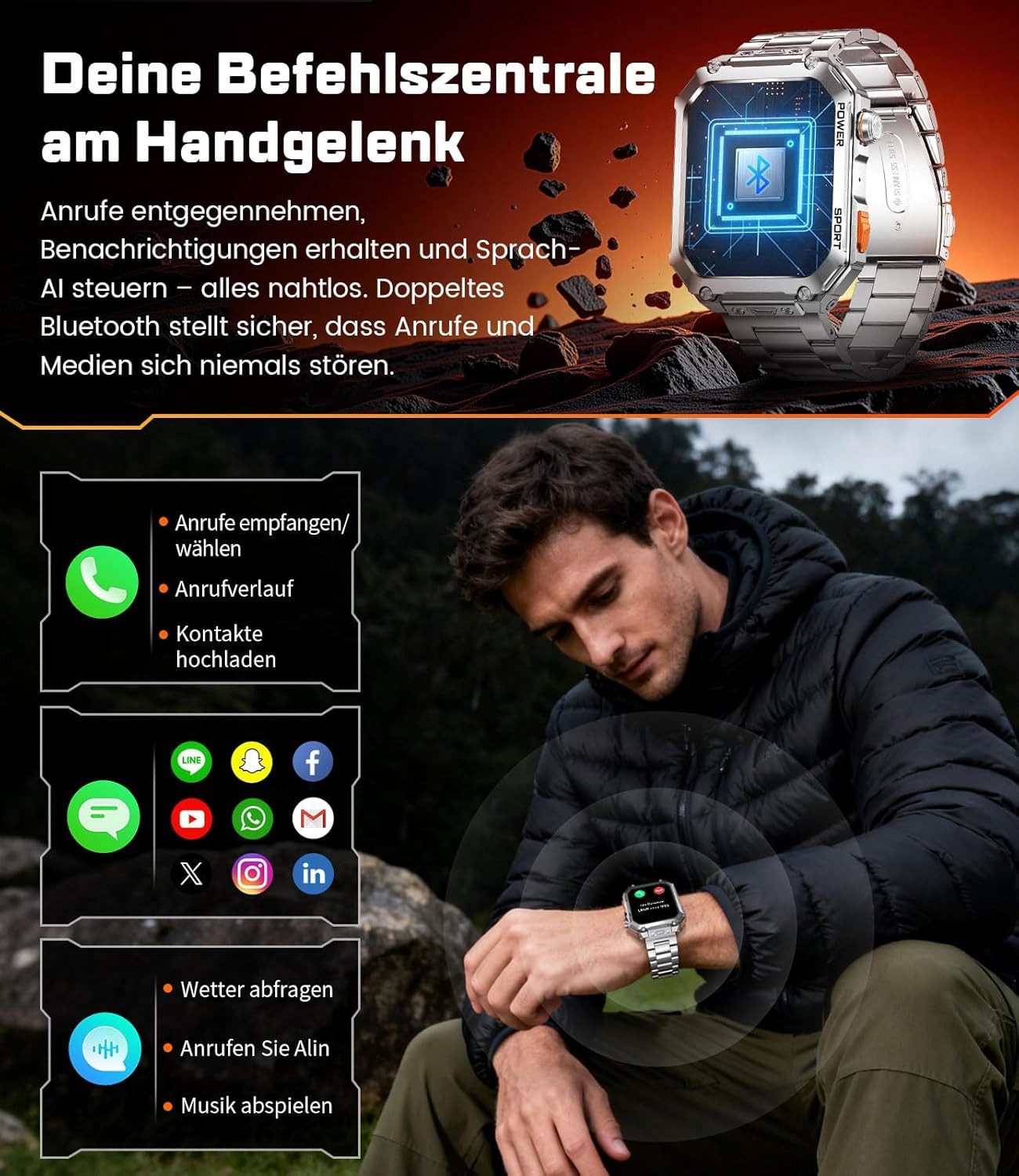 Zevelora Militär 400mAh 100+ Sportmodi 5ATM Wasserdicht mit Telefonfunktion Smartwatch (1.96 Zoll, Android/iOS), mit 3 Bänder 400mAh 100+ Sportmodi Telefonfunktion Metallarmband
