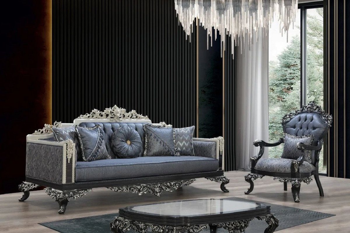Casa Padrino Sofa Luxus Barock Wohnzimmer Sofa Hotel & / / & mit / Prunkvolles Silber Prunkvoll Weiß - Edel Muster Sofa Grau Schwarz elegantem Barock Möbel / Wohnzimmer - Blau 