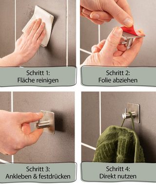 aquaSu Handtuchhaken Limited, Badezimmer, (4er Set, 4-St), Wandhaken in Chrom, zur Klebemontage, Edelstahl, 870474