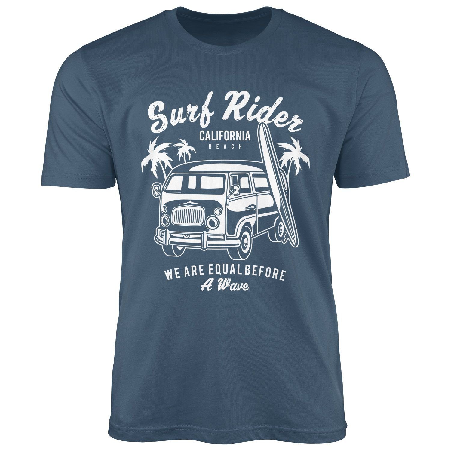 mit Print-Shirt Print blau Slim Neverless® Fit T-Shirt Retro Neverless Surfing Bus Herren