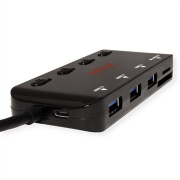 ROLINE USB 3.2 Gen 1 Hub, 3fach, Typ C Anschlusskabel Computer-Adapter, 15.0 cm, mit CardReader, Ports einzeln schaltbar