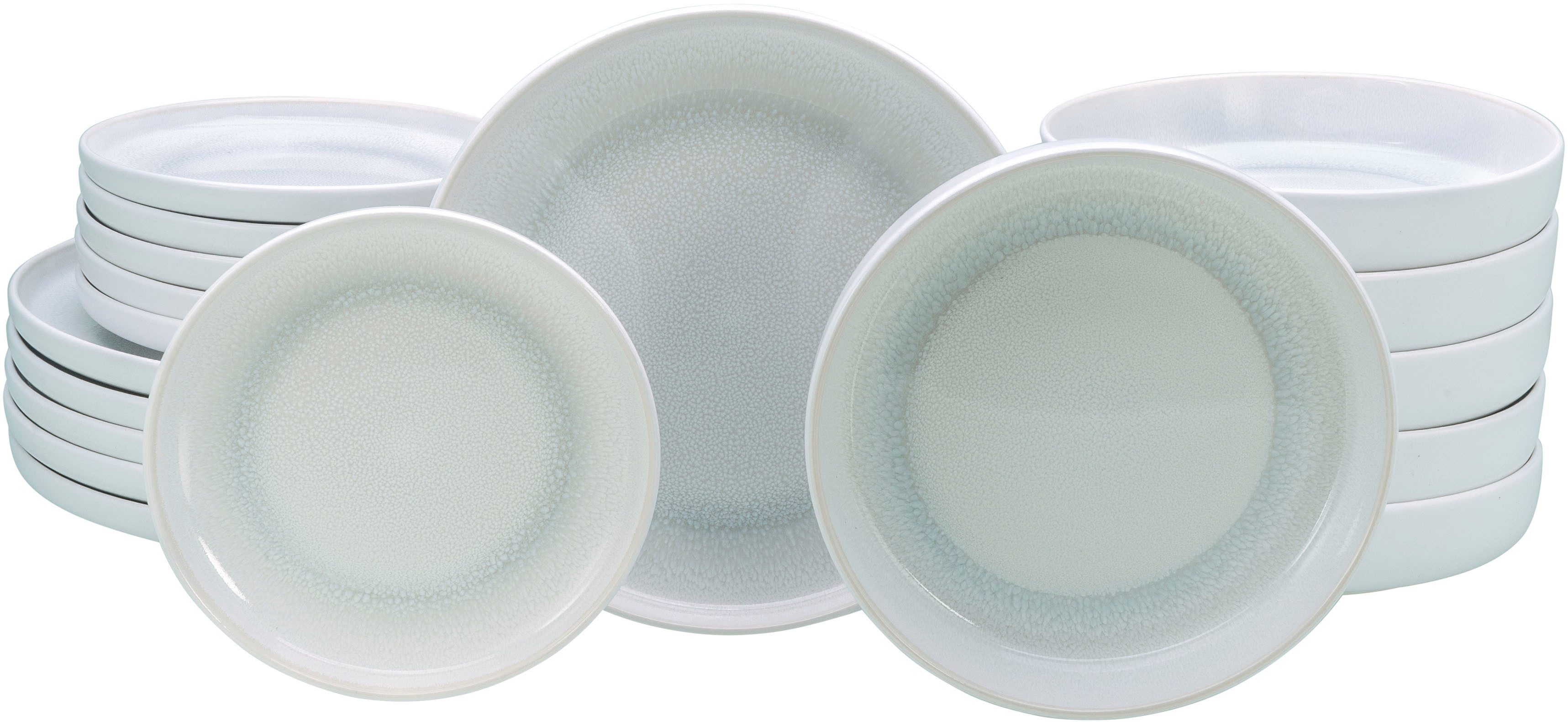 OTTO home Teller-Set modernes Geschirr-Set, Service Lykk (18-tlg), 6 Personen, Steinzeug, hohe Haltbarkeit, spülmaschinen- & mikrowellengeeignet, Reaktivglasur