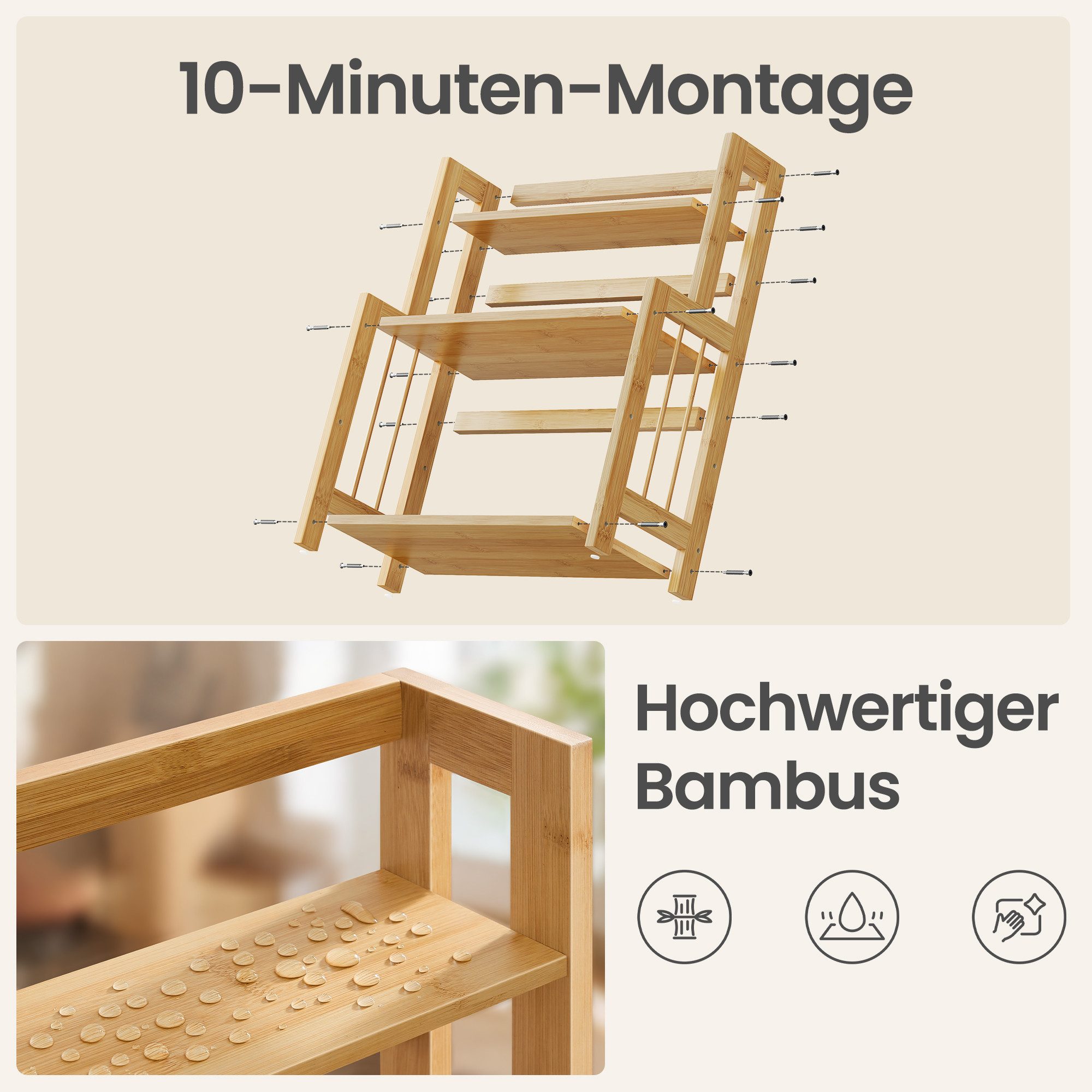 SONGMICS Gewürzregal Küchenregal, Aufbewahrungsregal, mit 3 Ebenen, für Arbeitsplatte, Bambusgestell – Bild 4 von 5