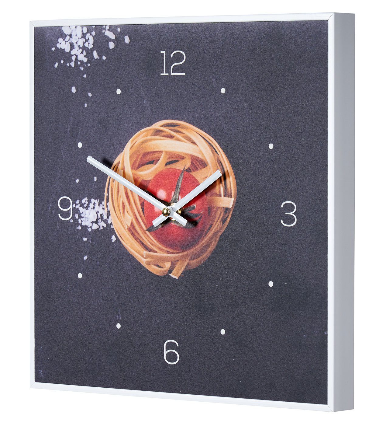 Levandeo® Wanduhr (Wanduhr 30x30cm Uhr PVC Rahmen Weiß Küche Pasta Nudeln Gewürze)