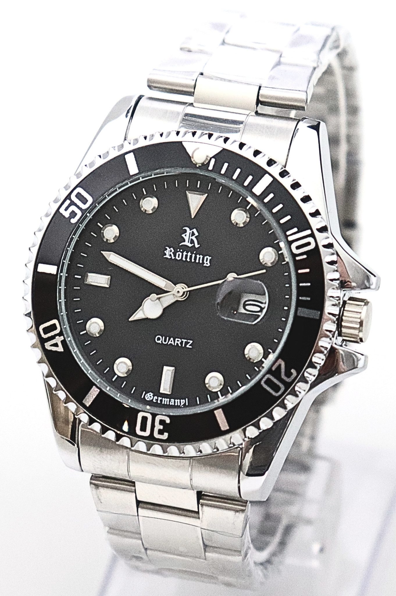 Rötting Design Quarzuhr Herrenuhr schwarze Lünette zum Drehen schwarzes Ziffernblatt, Datumsanzeige – Bild 3 von 5