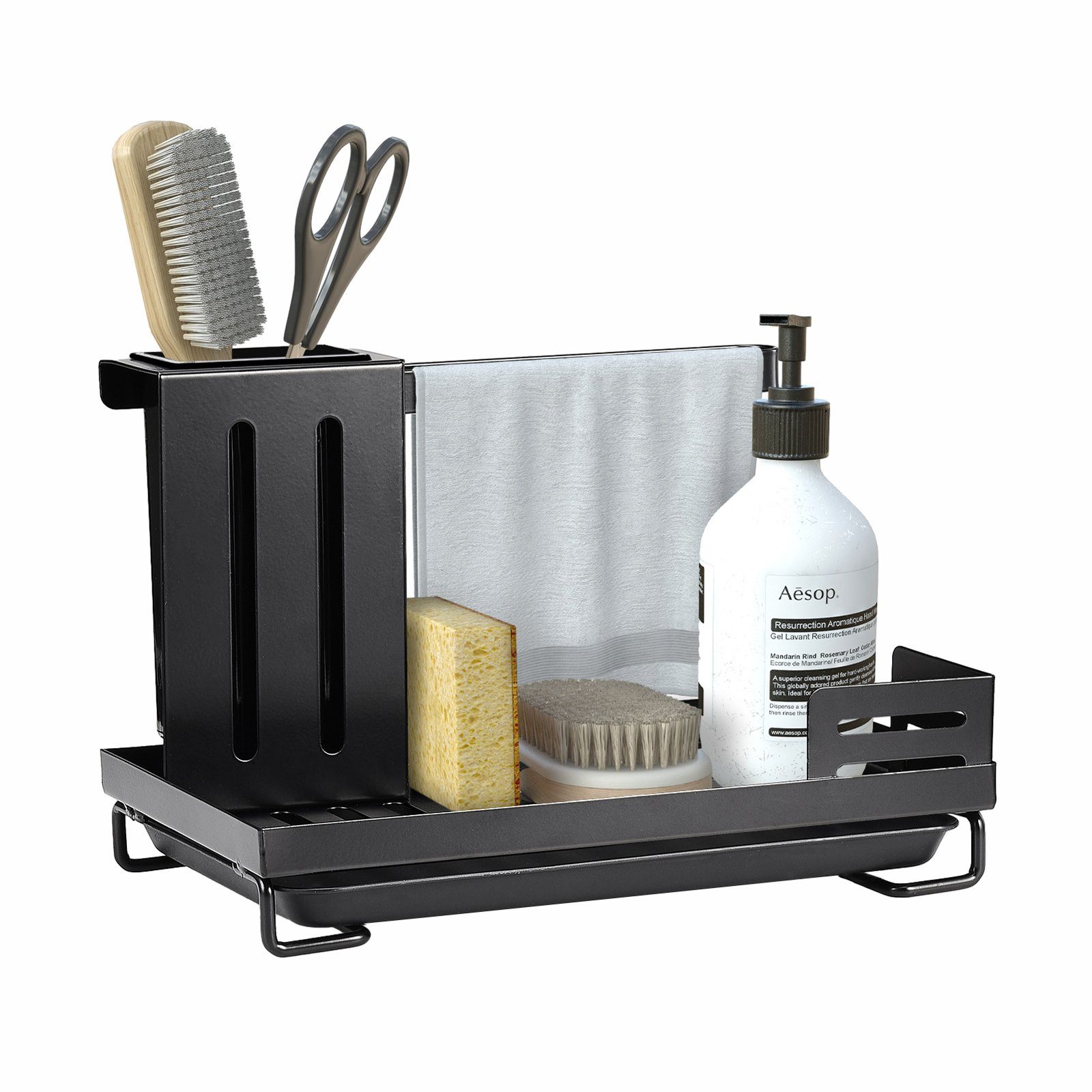 SEEZSSA Küchenorganizer-Set abnehmbarer Bürstenhalter Abtropfschale, aus Essstäbchen und Abtropfgestell, mit Handtuchhalter Kohlenstoffstahl,Schwarz
