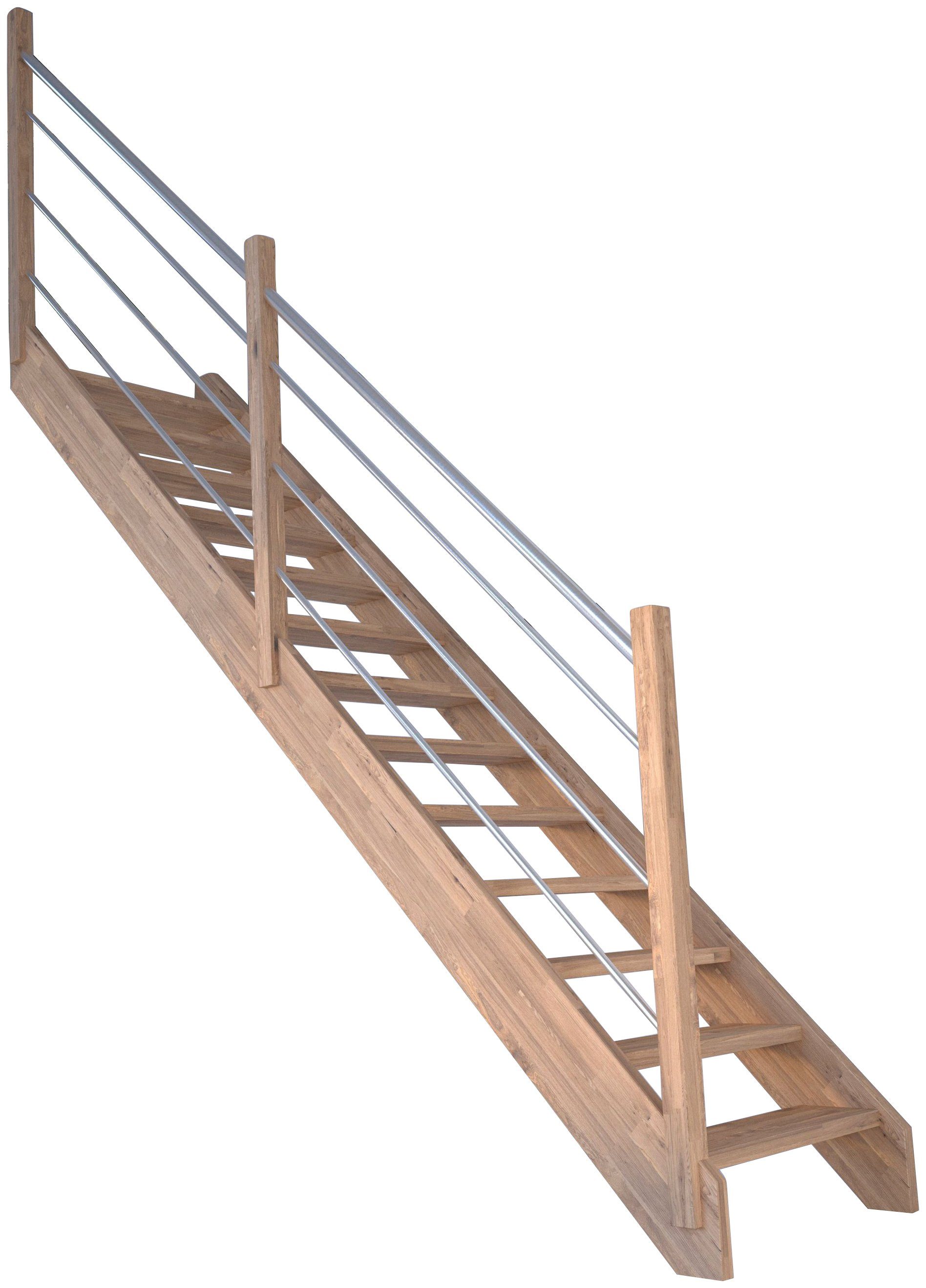 Holz-Edelstahl Links, Durchgehende cm, 280 Systemtreppe offen, Wangenteile Massivholz Geschosshöhen bis Mykonos, Starwood Stufen für