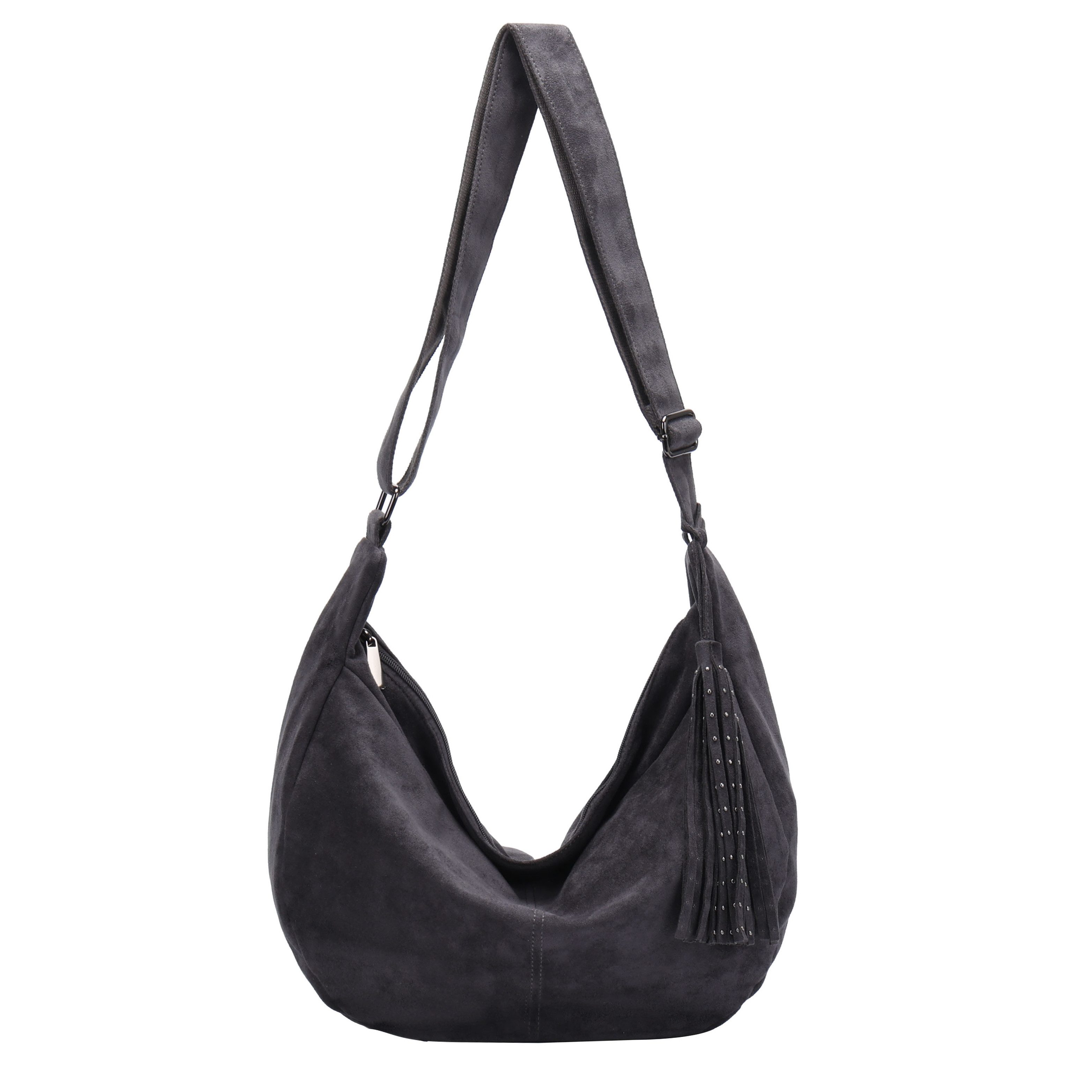 MIRROSI Umhängetasche Damen Schultertasche Hobo Bag Wildleder-Optik aus Polyester (verstellbarem Riemen & Quastenanhänger, ca. 50 x 17 x 30 cm), Neue Kollektion Herbst/Winter 2026