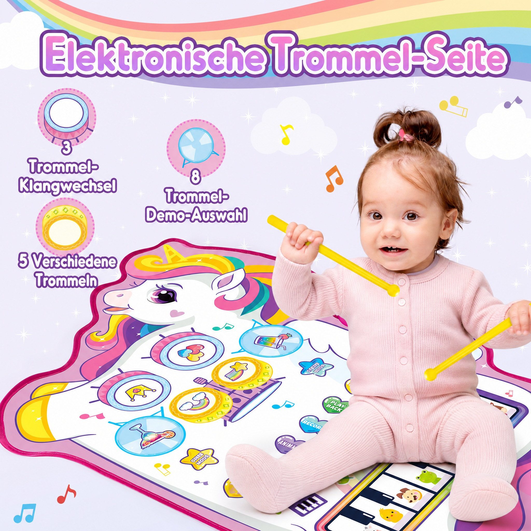 Wootoy Spielmatte Musikspielmatte Lernspielzeug Elektronische Klaviermatte Hüpfmatte (68 × 96 cm faltbar und leicht zu transportieren, 1-St., Schlagzeugseite mit 3 Soundmodi 8 Demo-Rhythmen 5 Drumklängen), mit Klavier Schlagzeug Tiergeräuschen 2 Drumsticks