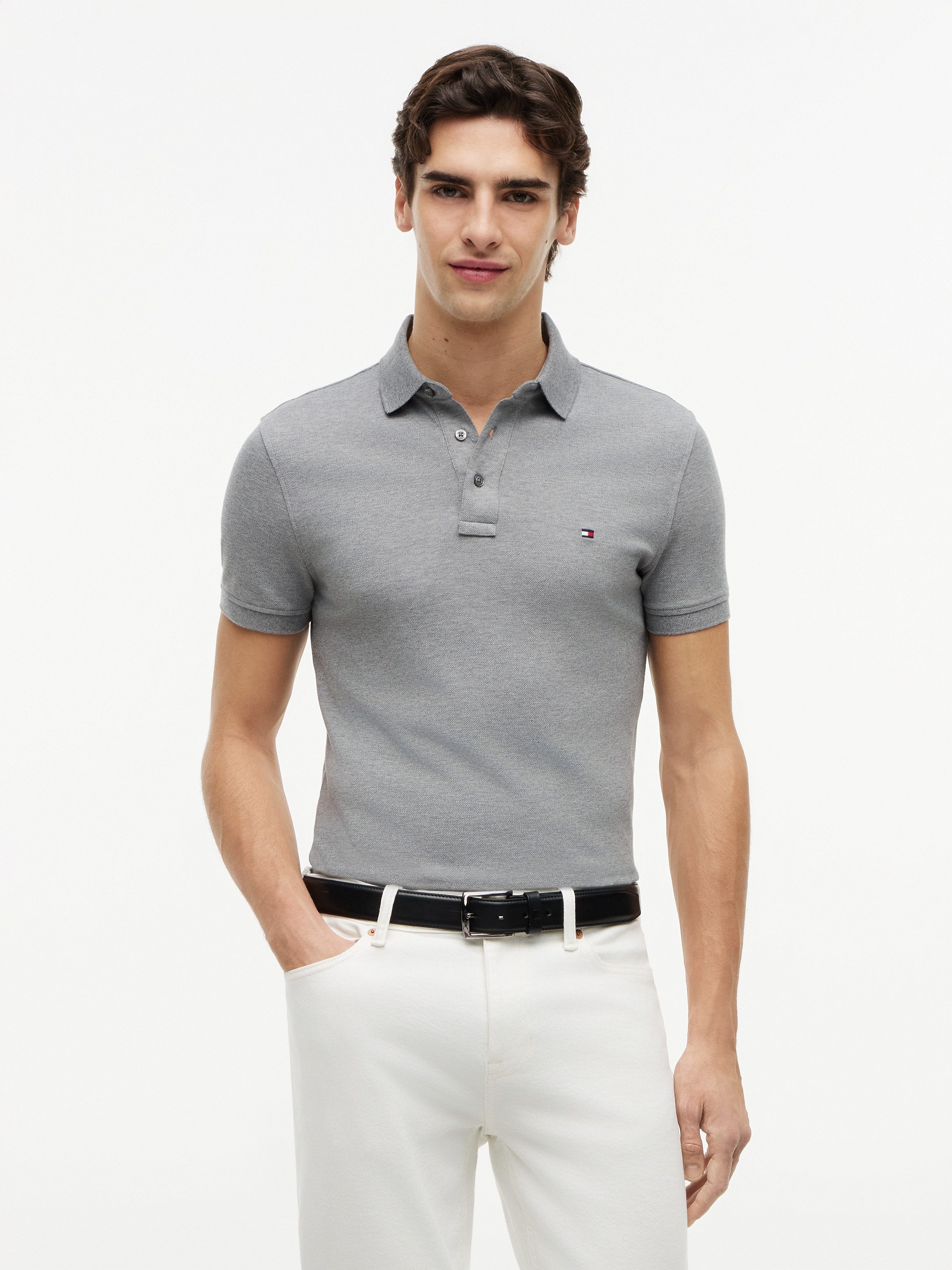 Tommy Hilfiger Poloshirt 1985 SLIM POLO mit Piqué-Struktur und Stickerei meliert, casual, slim fit, Baumwollmix, Polokragen