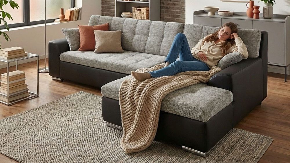 DOMO collection Ecksofa TREVISO viele Bezüge, auch in Cord, L-Form, 267x178 cm, mit Bettfunktion, inkl. Zierkissen, Unser Dauertiefpreis