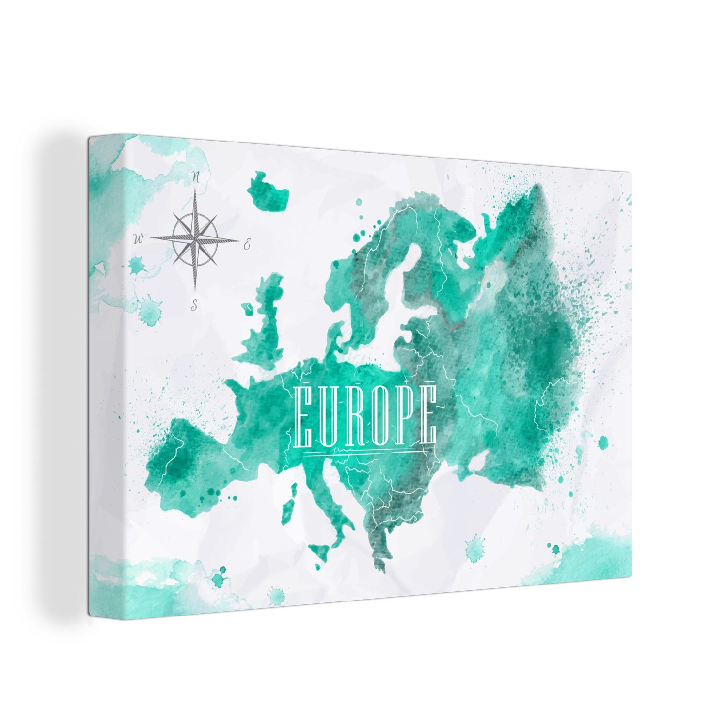 OneMillionCanvasses® Leinwandbild Aquarell - Weltkarte - Europa, (1 St), Wandbild Leinwandbilder, Aufhängefertig, Wanddeko, 30x20 cm