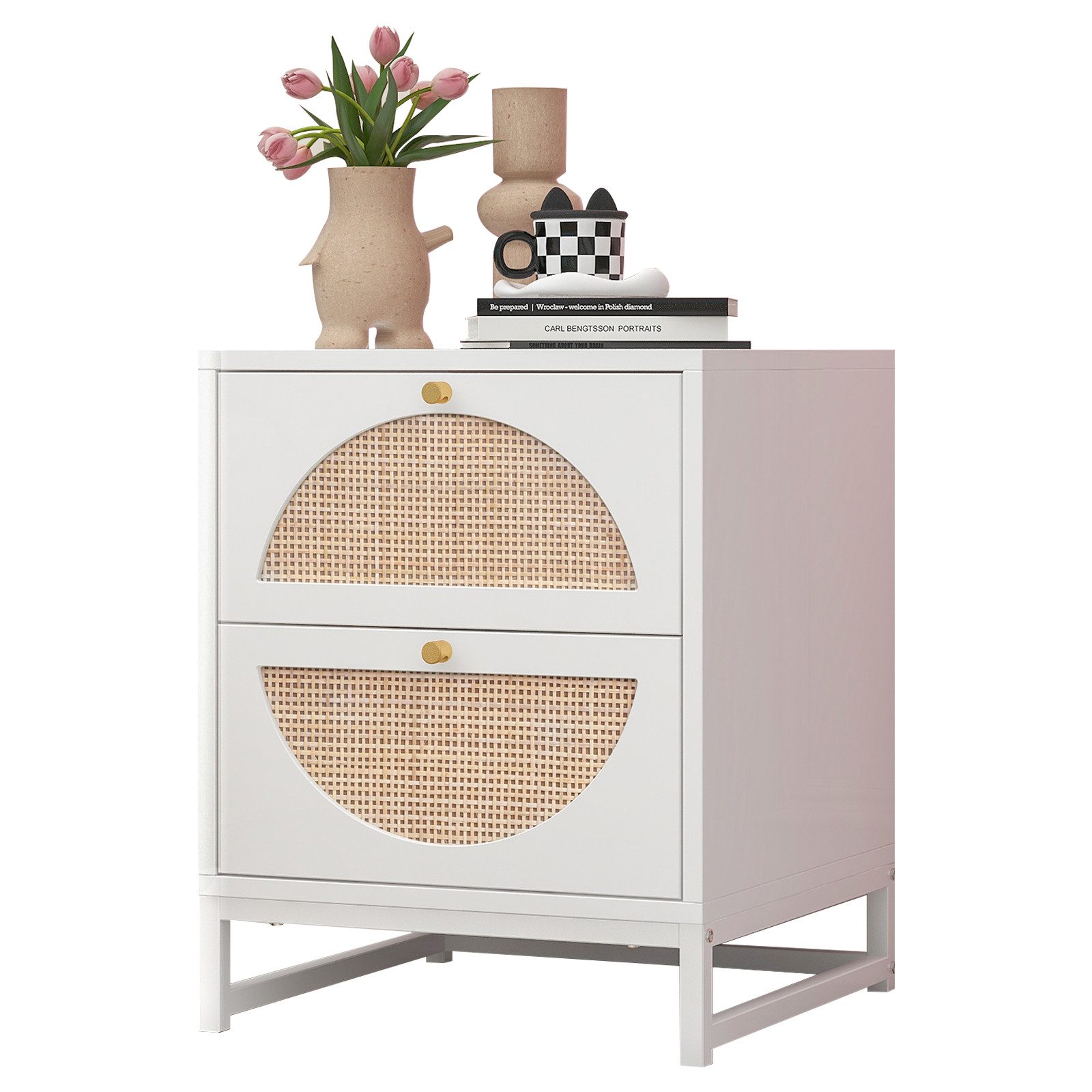Yorbay Nachttisch Halbkreisförmiges Symmetrisches Design, mit 2 austauschbare Schubladen, 40x40x53cm (BxTxH)
