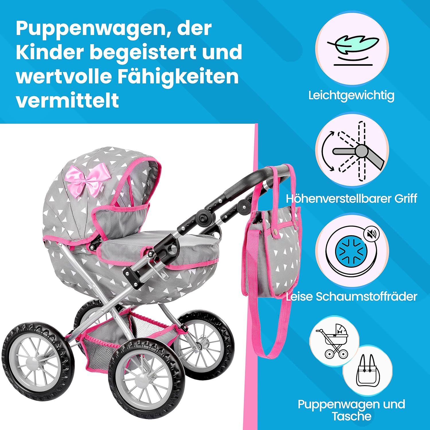 kinderplay Puppenwagen Puppenwagen mit Tasche – höhenverstellbar – Spielspaß ab 3 Jahren – fa