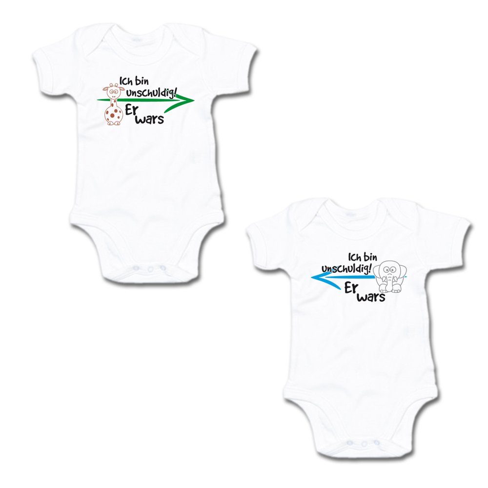 G-graphics Kurzarmbody Ich bin unschuldig! – Er wars & Er wars (Zwillingsset / Twinset, 2-tlg., Baby-Body-Set) für Zwillinge / Twins mit Sprüchen