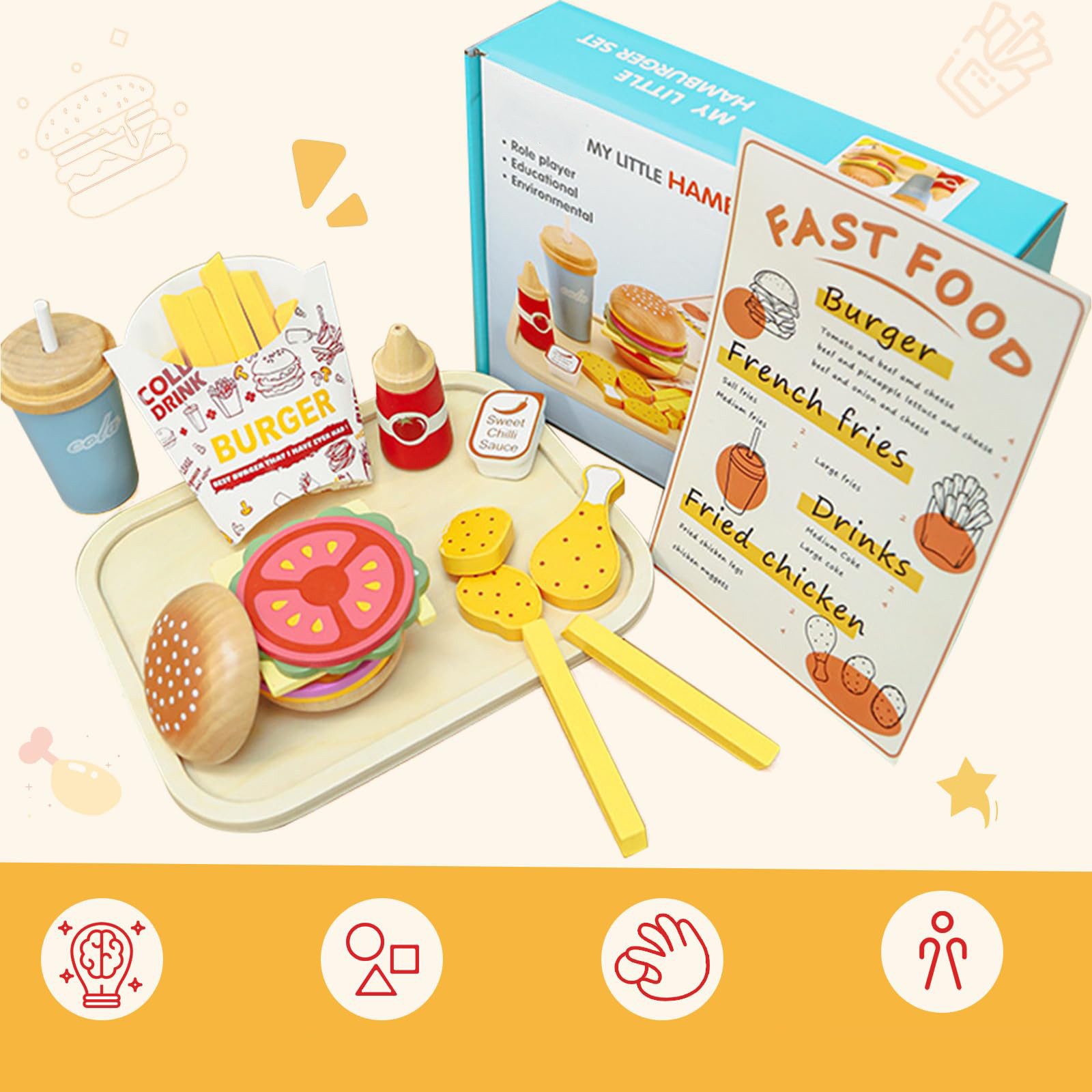 CLTYQ Kinder-Küchenset Holzspielzeug Lebensmittel für Kleinkinder, Rollenspiele für 3–5 Jahre, (27-tlg), Fast-Food-Spiel mit Hamburger-Baukasten, Küchen-Accessoires