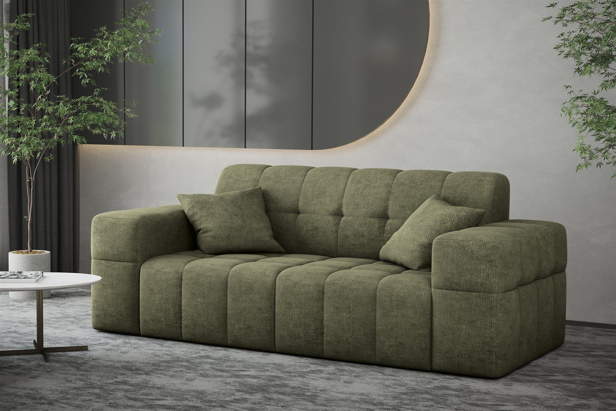 Fun Möbel Sofa Sofa Designer-Sofa NANCY 2-Sitzer in Stoff Harmony, Rundumbezug Olivgrün