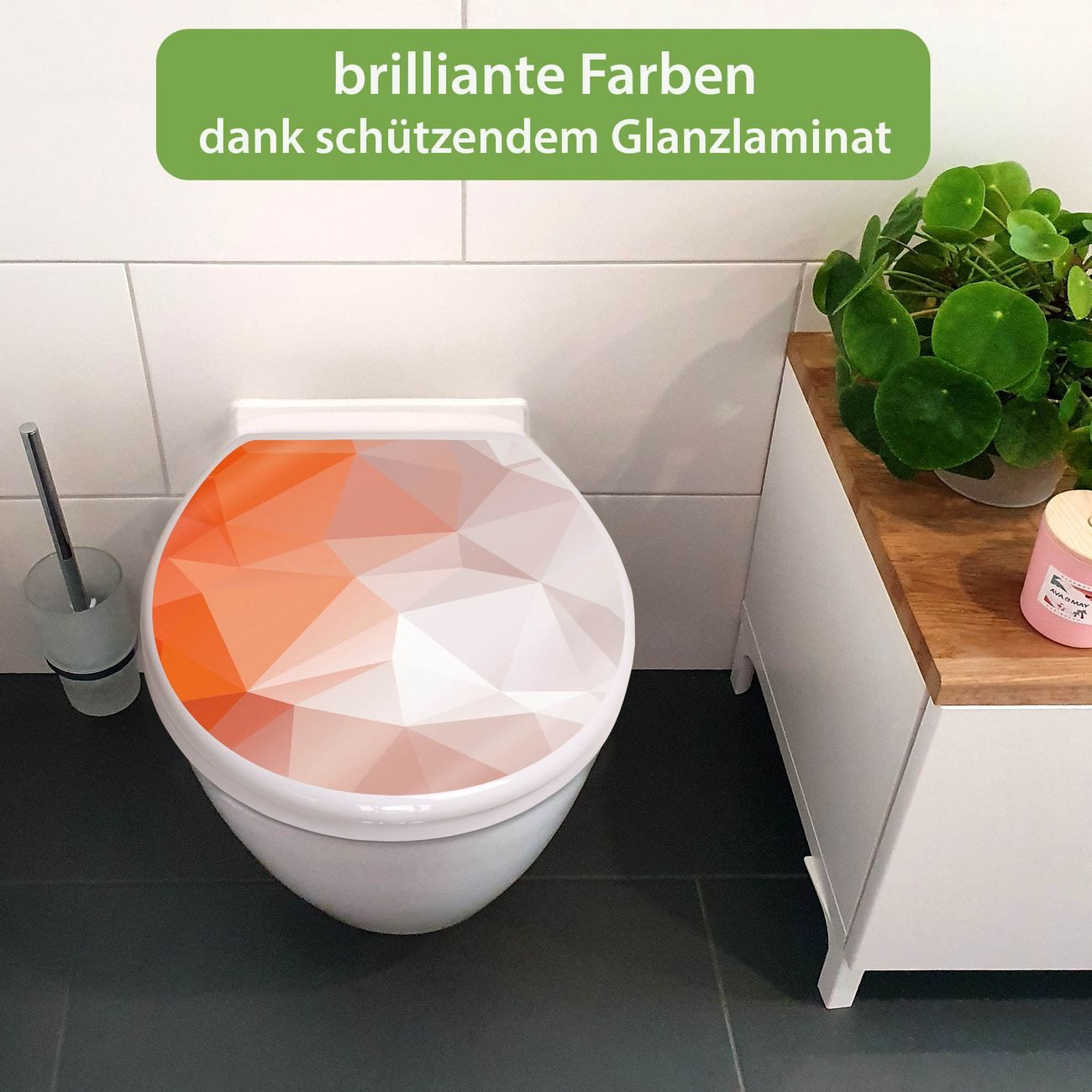 banjado WC-Sitz mit Absenkautomatik Motiv Orange Polygon (umweltfreundliches Material, integrierte Scharniere), 44,5 x 37 x 5 cm