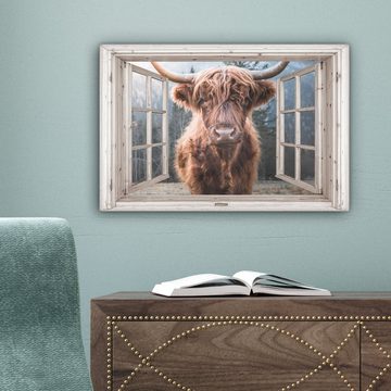 OneMillionCanvasses® Leinwandbild Schottischer Highlander - Kuh - Berg - Aussicht, (1 St), Wandbild Leinwandbilder, Aufhängefertig, Wanddeko, 30x20 cm